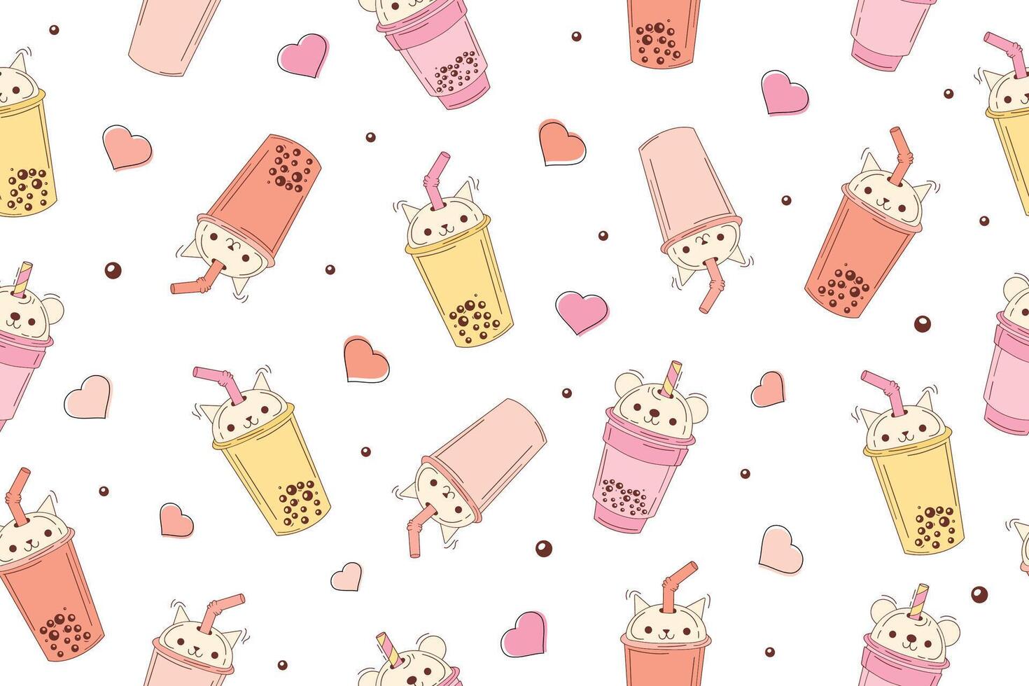1470x980 Bubble milk tea funny seamless pattern. Hand drawn kawaii smiled drinks with tapioca pearls. Cute cartoon vector illustration. Colorful background with ice tea characters. Vector illustration