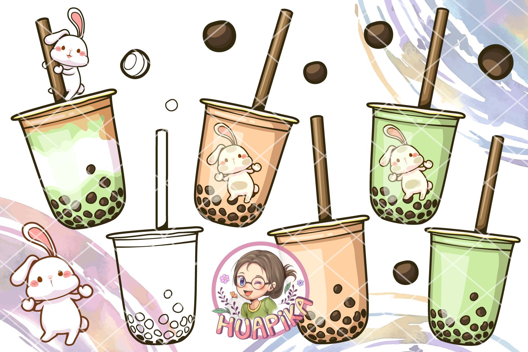 1820x1214 Bubble Milk Tea & Rabbit Cartoon Graphic by huapika · Creative Fabrica