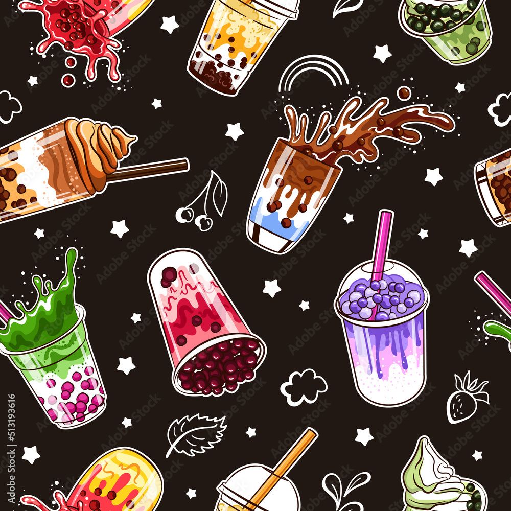 1000x1000 Bubble tea seamless pattern. Bubble milk drink with pearl balls, delicious asian sweet cold cup with ice tapioca. Elements isolated on black background. Wrapping paper, vector summer print Stock Vector