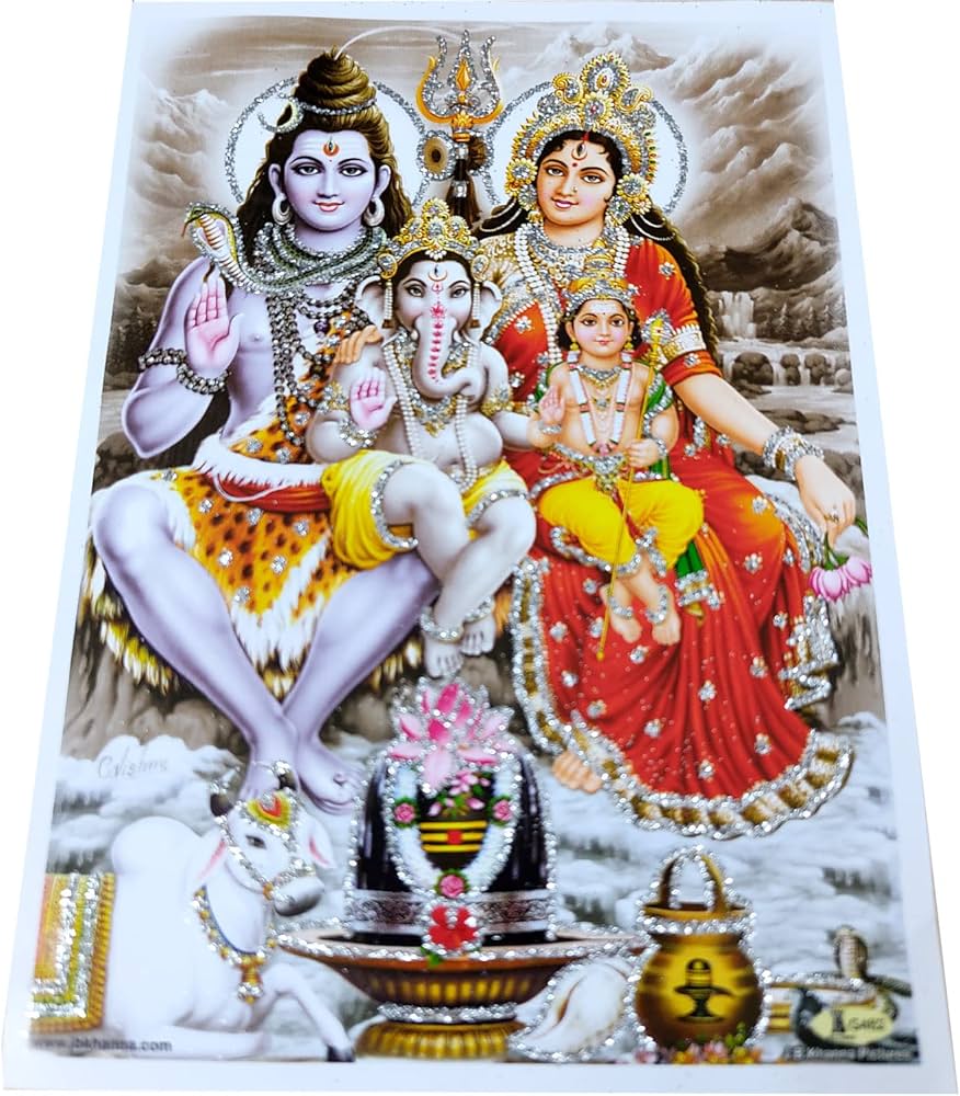 876x1000 Crafts Of India Lord Shiva Family Poster Hindu God Picture With Glitter (Unframed : Size 5X7 Inches): Posters & Prints