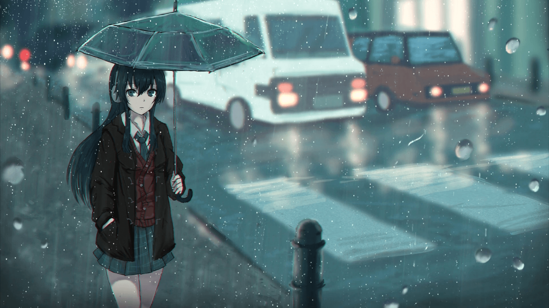 Download wallpaper 1920x1080 girl, umbrella, rain, anime, blue full hd,  hdtv, fhd, 1080p hd background