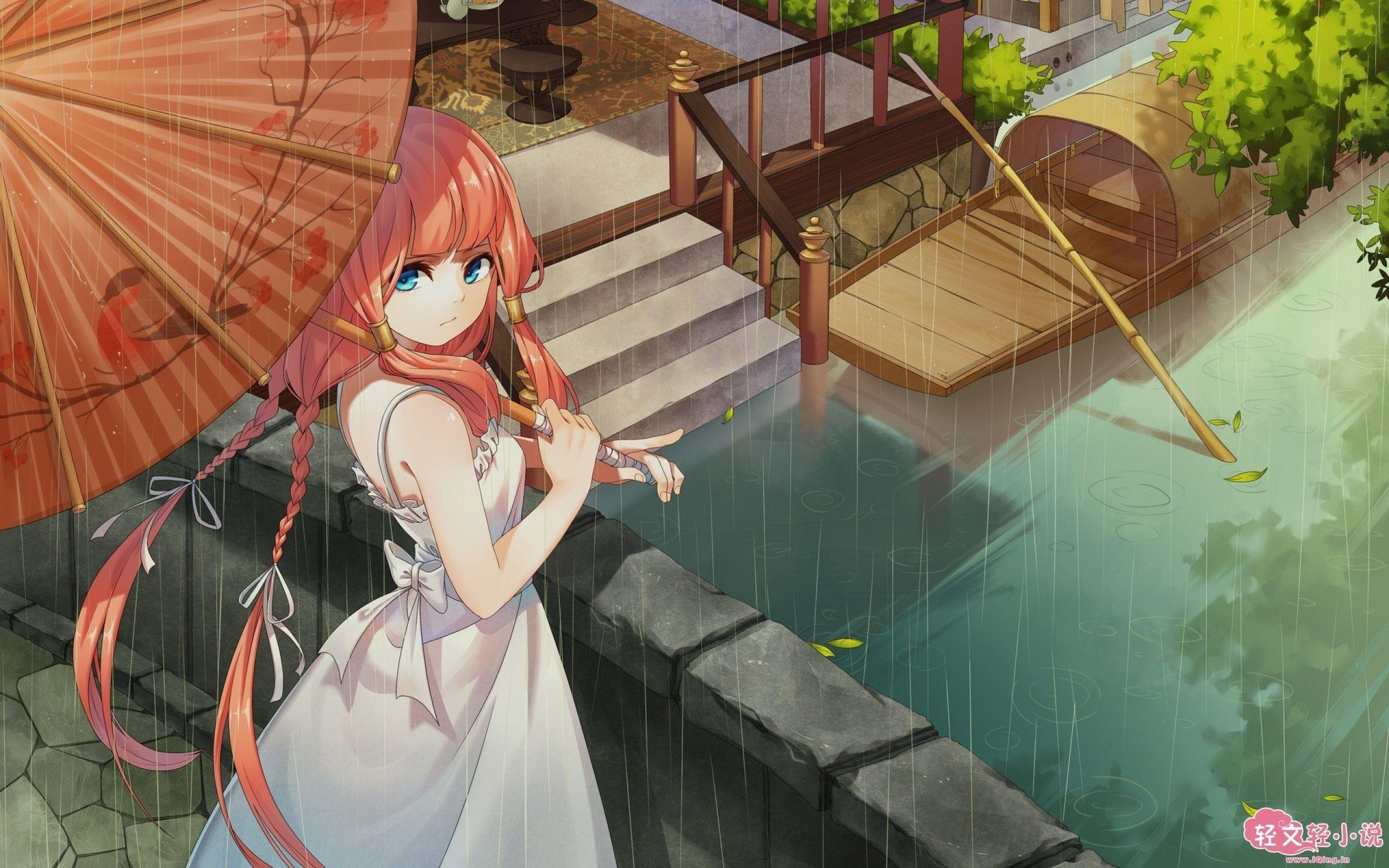 2560x1600 Download 2560x1600 Anime Girl, Umbrella, Rainy Day, Bridge, Light