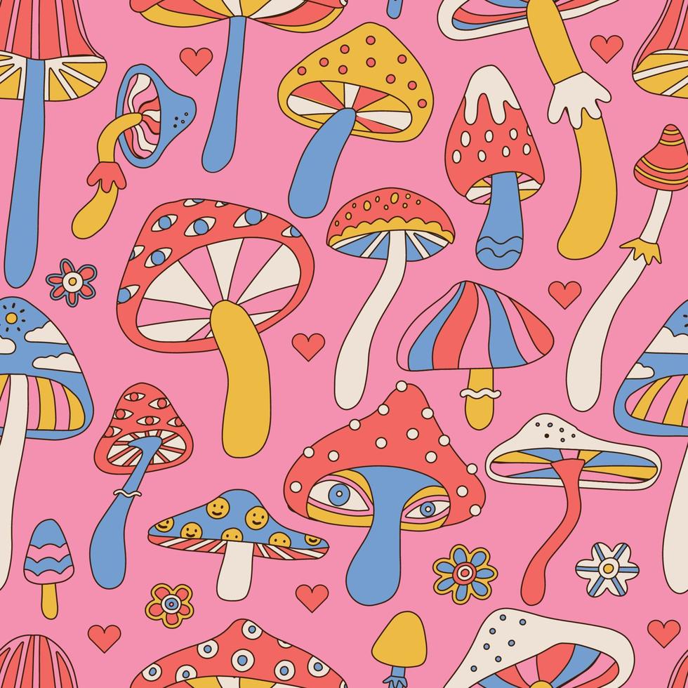 980x980 Funny crazy psilocybin magic mushroom seamless pattern. Magic mushroom, psilocybin background print concept. Vector hand drawn colorful linear illustration