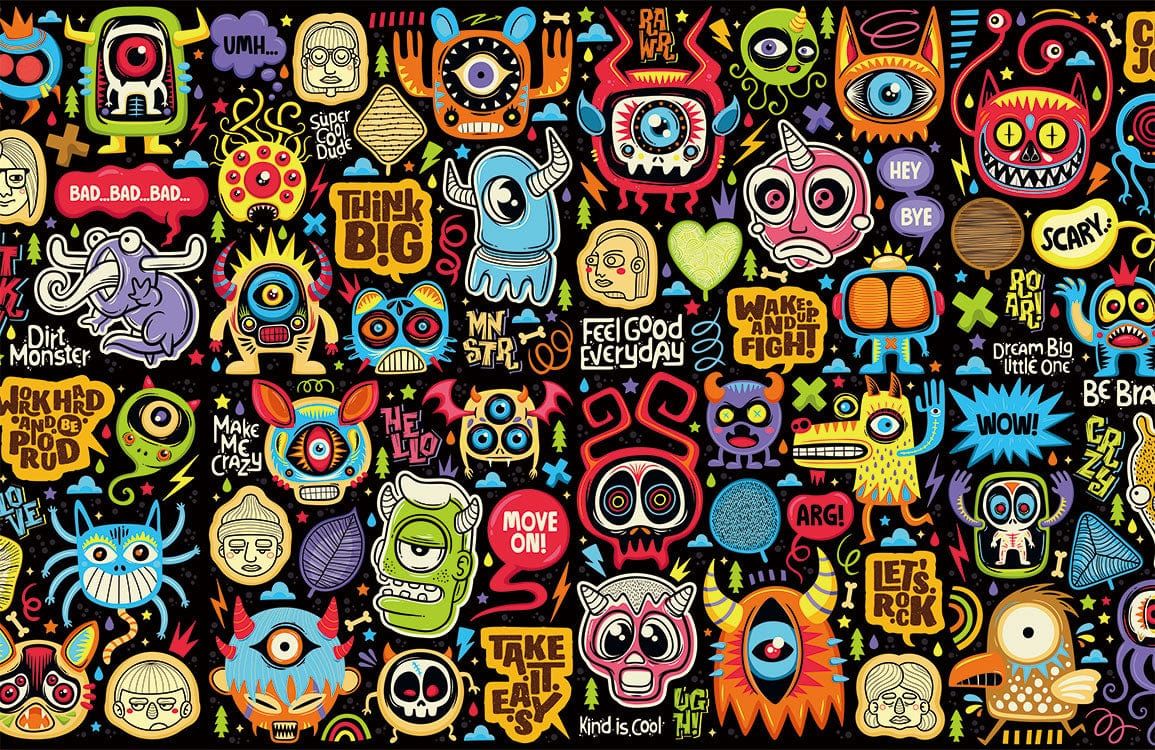 1155x750 Vibrant Urban Graffiti Cartoon Monster Pattern Wallpaper Retro Colours