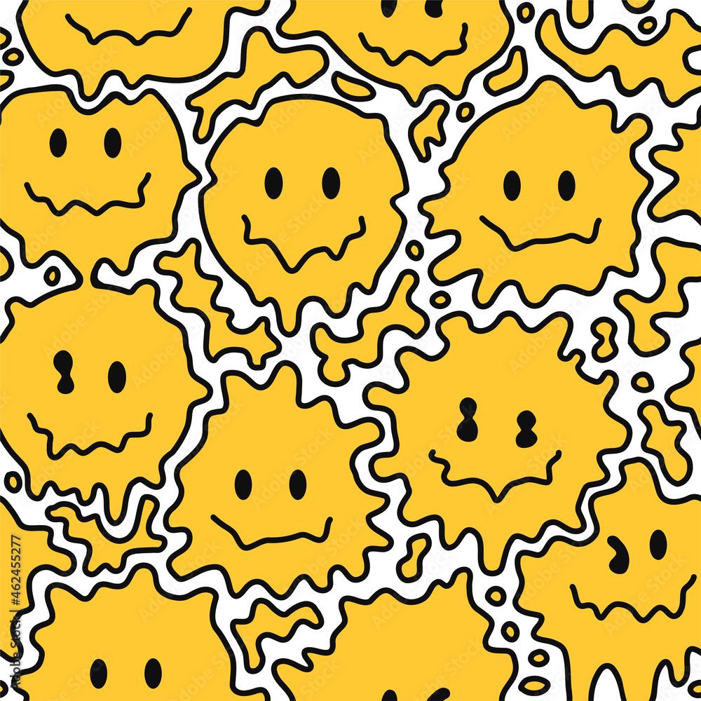 1000x1000 Funny melt smile faces seamless pattern. Vector hand drawn doodle cartoon character illustration. Isolated ob white background. Smile faces melt, acid, trippy seamless pattern wallpaper print concept Stock Vector