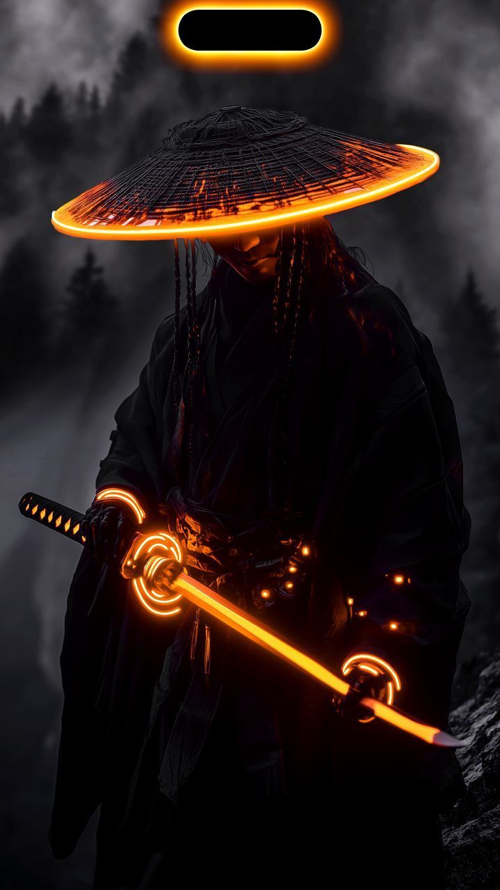720x1280 free 4K wallpaper dynamic island, samurai, katana, neon, glow, dark, asia