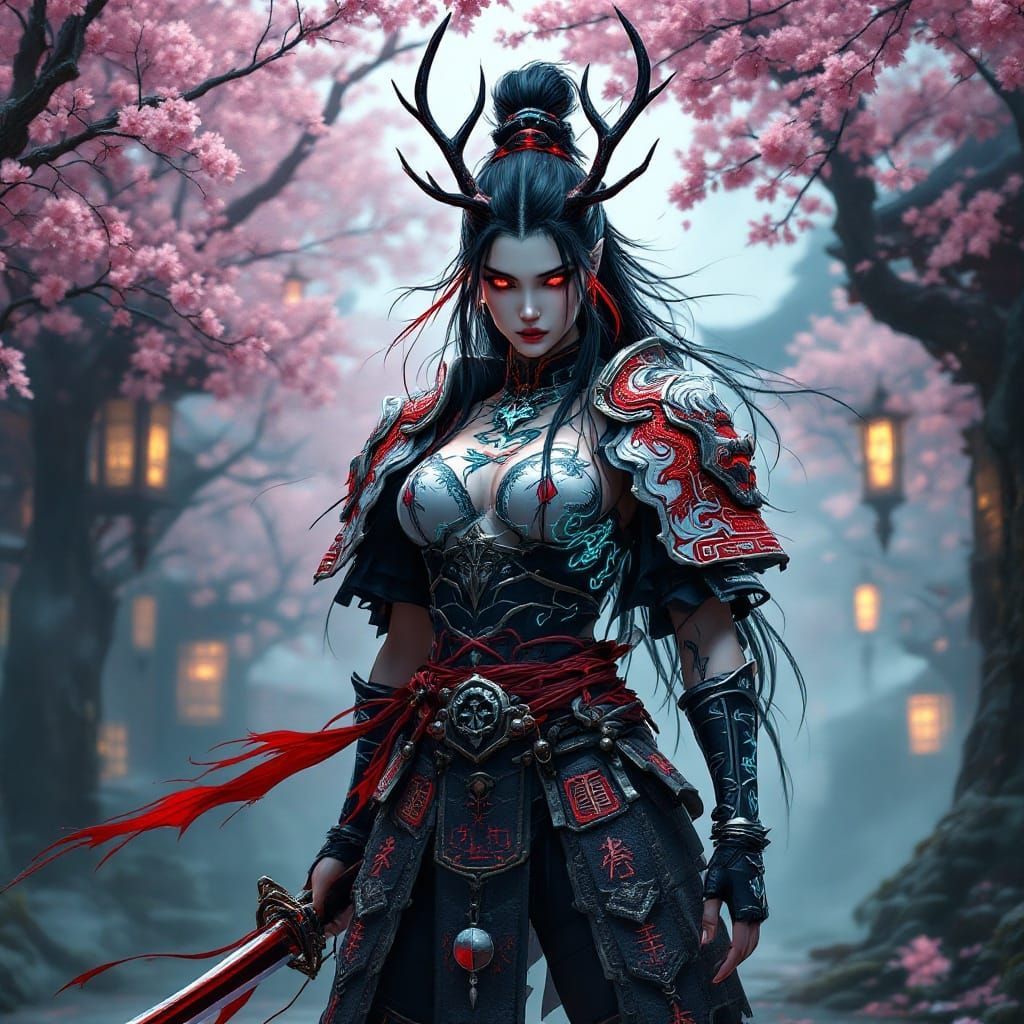 1024x1024 Goth Samurai Maiden in White and Red Dragon Armor