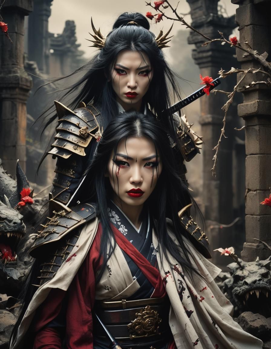 896x1152 Most beautiful attractive natural Gothic samurai, horror, complicated theme, perfect face details, attractive fullbody, splashes, cott