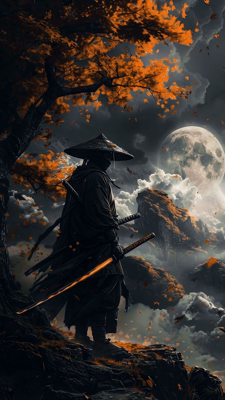 720x1280 free 4K wallpaper dark, yellow, samurai