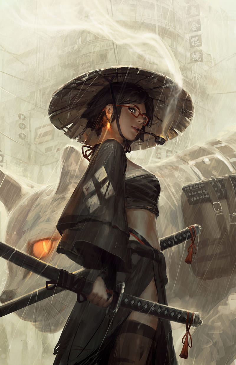 800x1237 Samurai, warrior girls, women with hats, hat, brunette, short hair, women with glasses, HD phone wallpaper