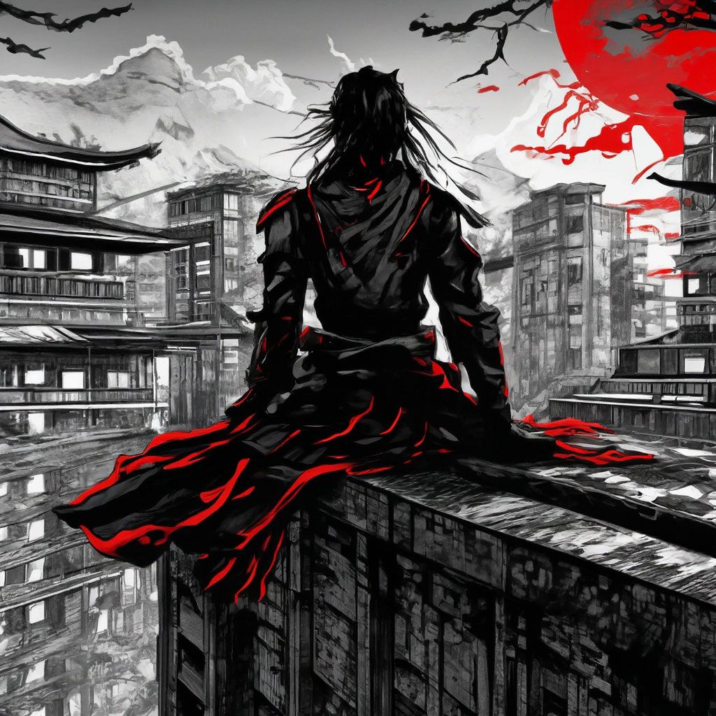 1024x1024 Sad samurai on the roof, black and white with a drop of red vector graphics pixel art, professional drawing, gothic