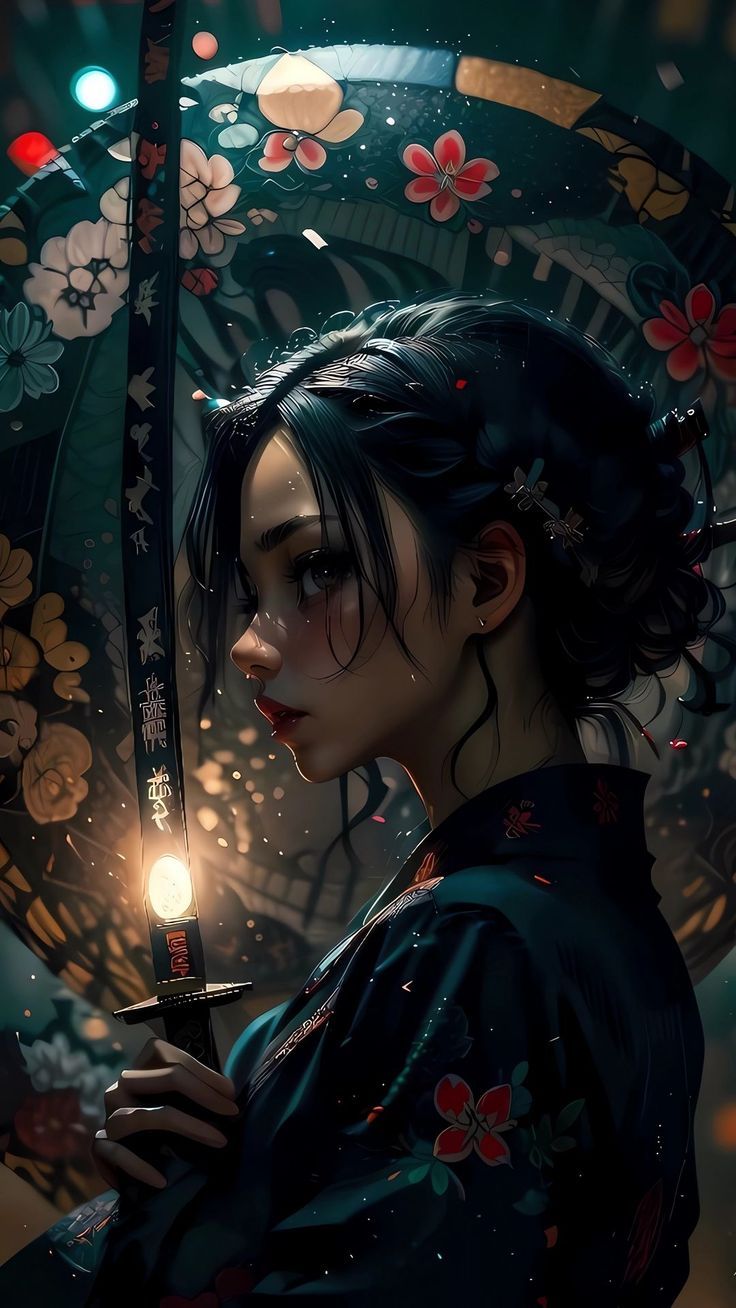 736x1308 Wallpaper girl, samurai, katana, kimono, flowers, dark, art, AI 4K by Johnny Fott. Download wallpaper girl, samurai, katana, kimono, flowers, dark, art for free