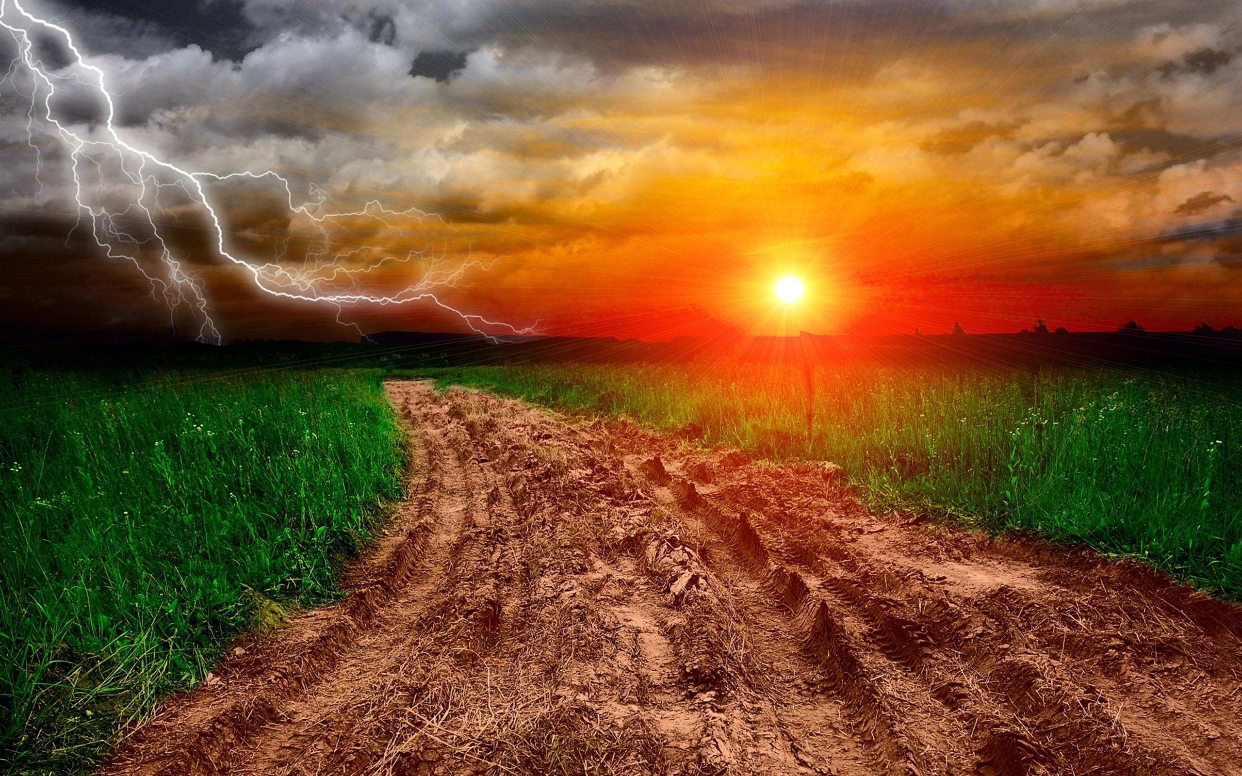 2560x1600 Sunset Lightning Road Landscape 2560x1600 :