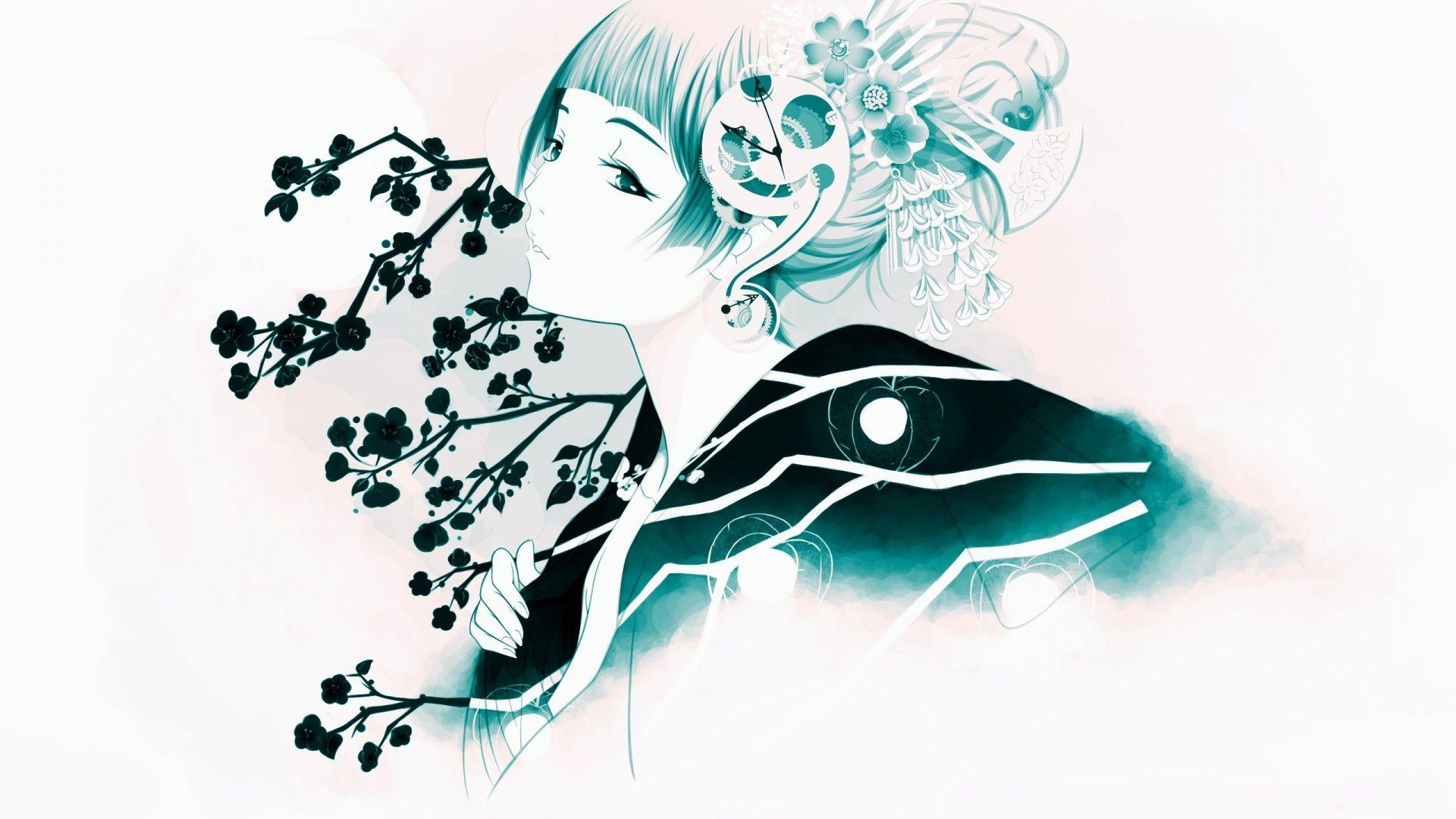 1920x1080 Download Wallpaper 1920x1080 girl, oriental, flowers Full HD 1080p