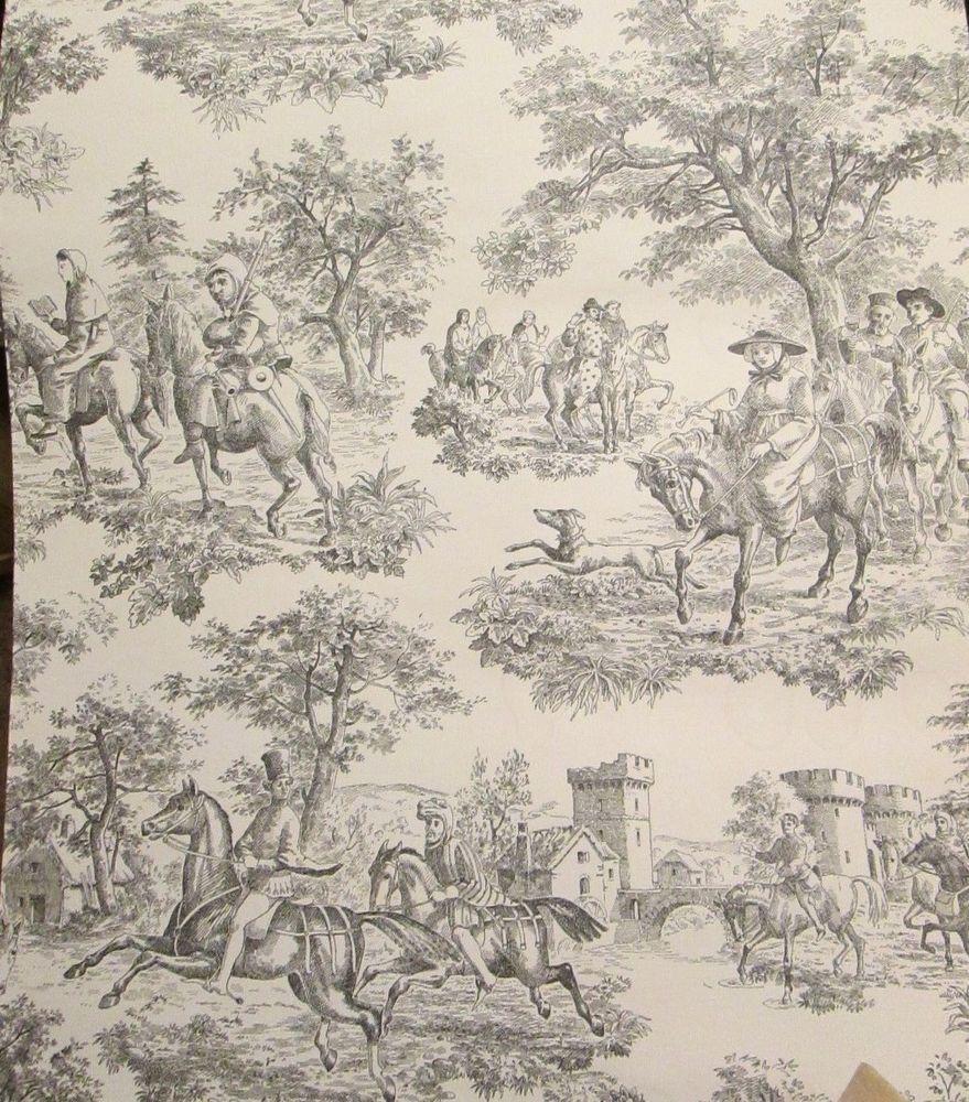 879x1000 Vtg Black Toile Wallpaper OLD ENGLISH COUNTRY LIFE horse riders