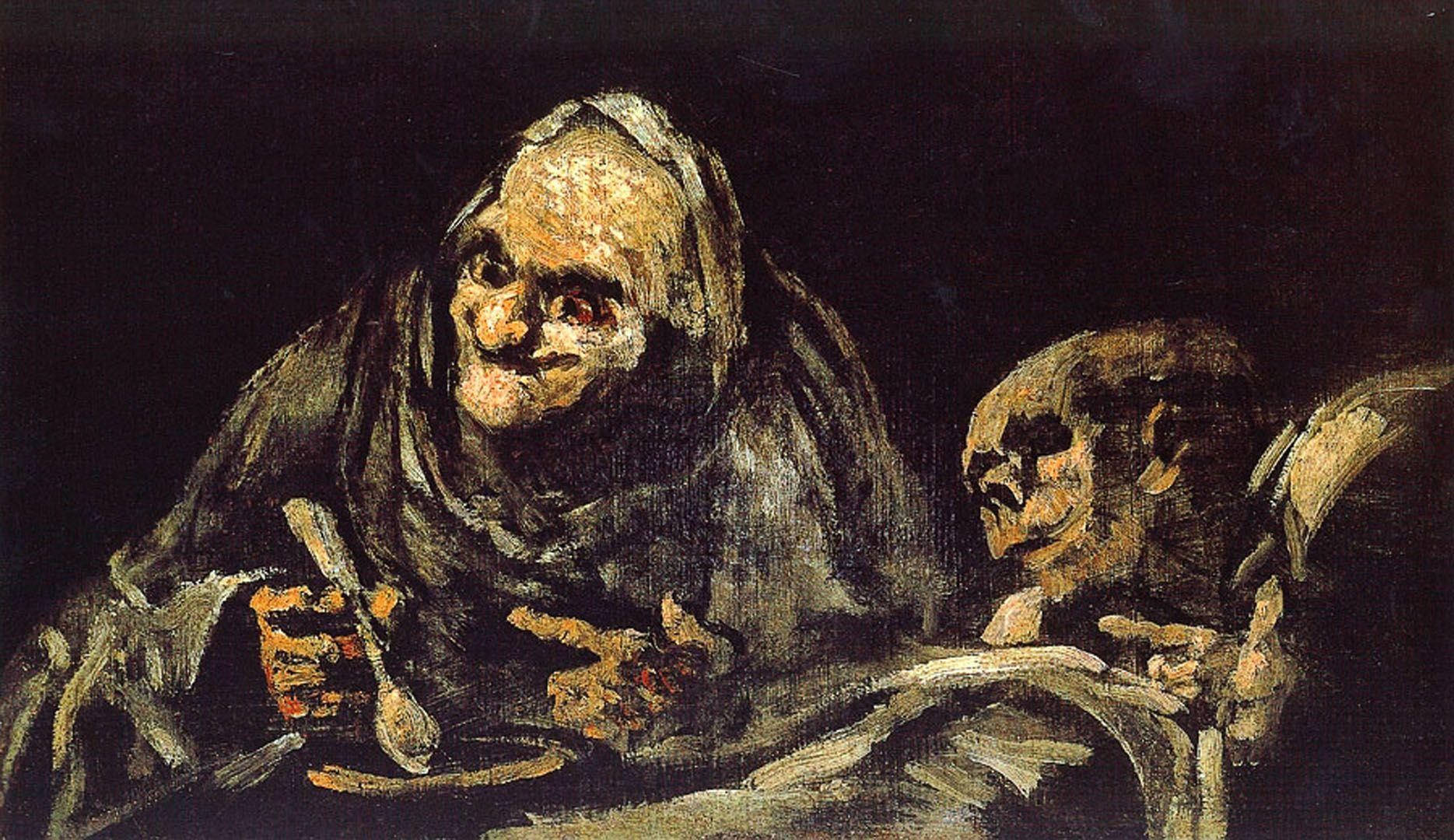 1869x1080 Two Old Men Eating Soup Black Painting Goya Wallpaper