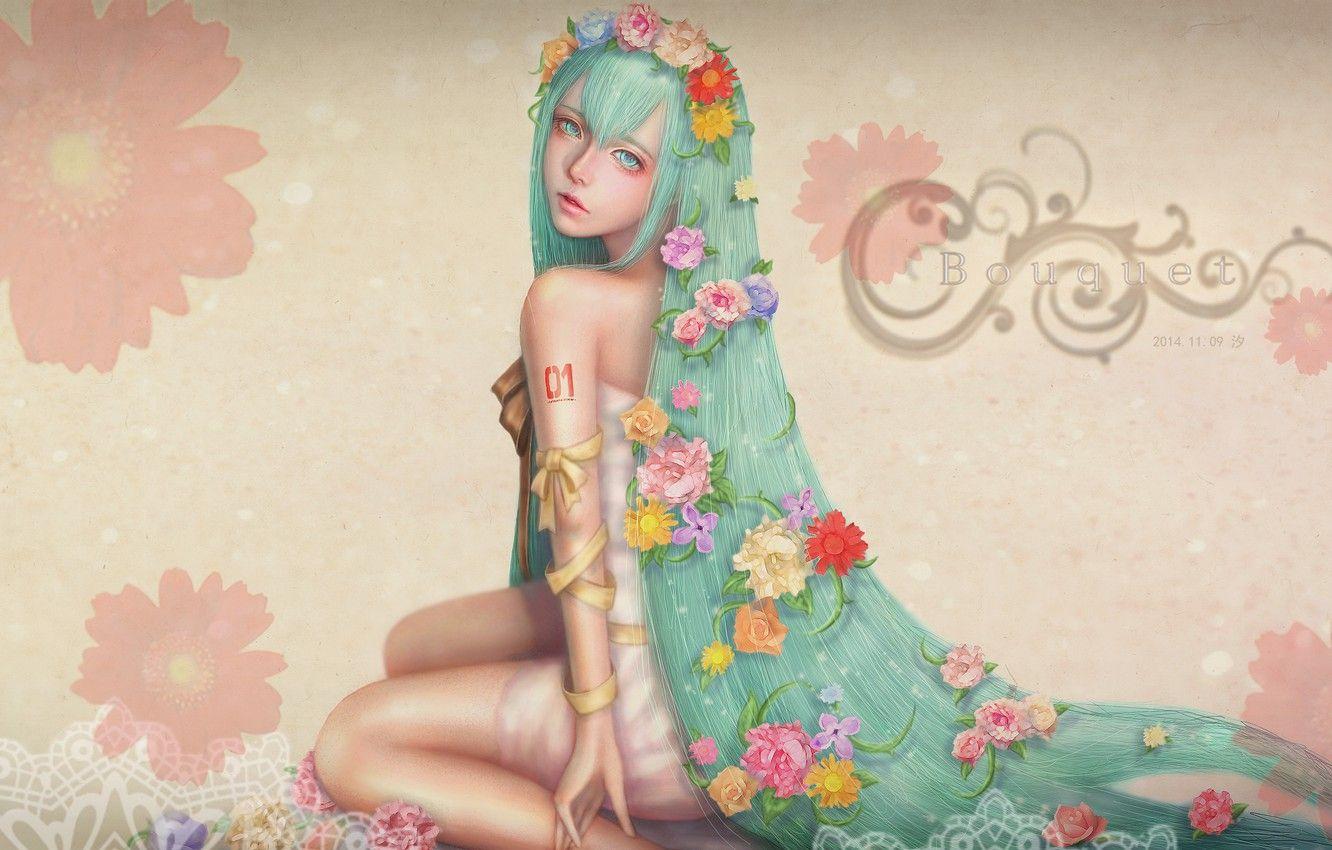 1332x850 Wallpaper flowers, roses, chamomile, dress, sitting, Hatsune Miku