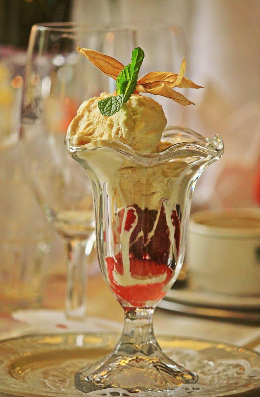 910x1386 HD wallpaper: yellow ice cream on clear glass footed cup, ice cream sundae