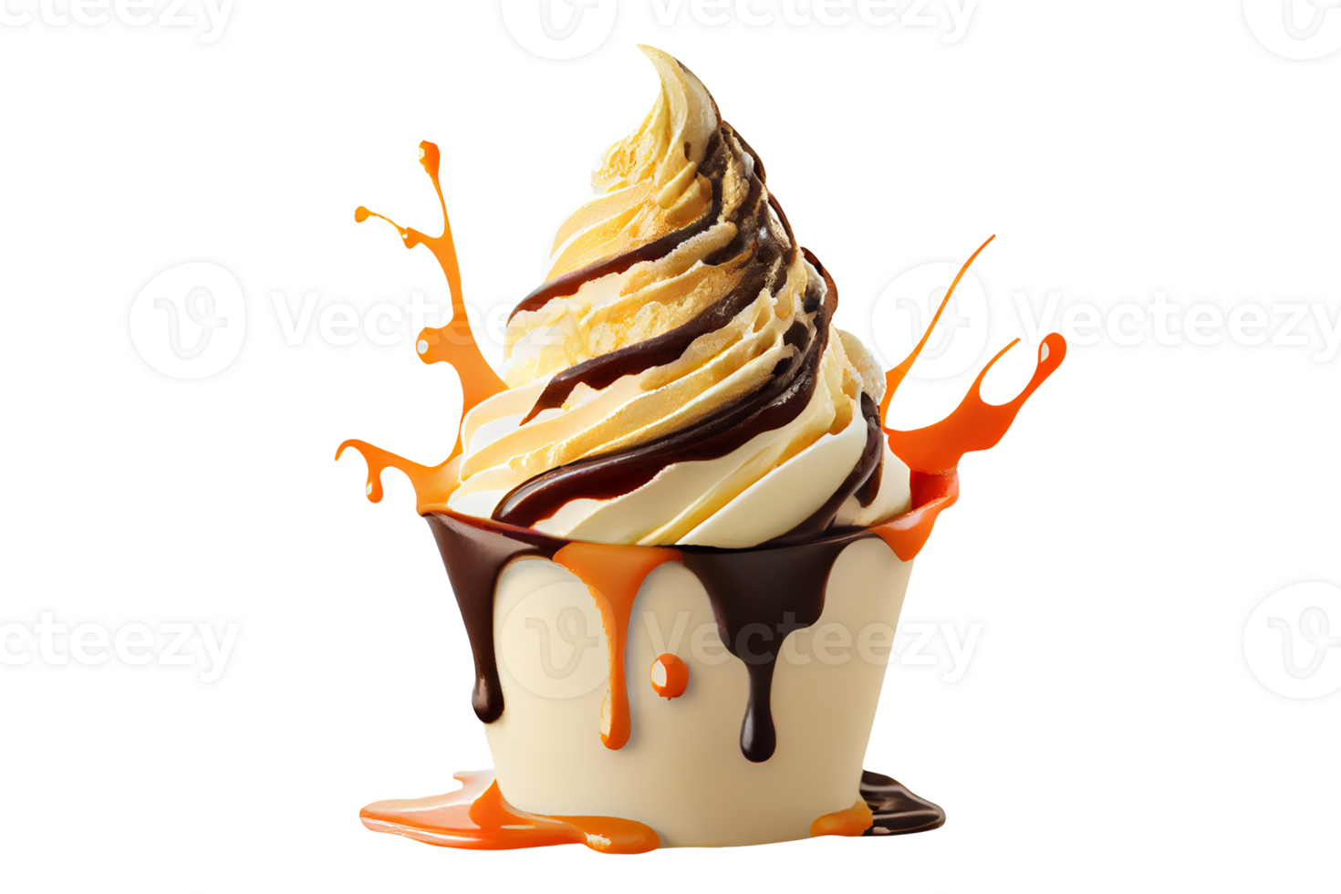 1470x980 Tasty colorful ice cream cup with syrups and fruits on transparent background 24106570 PNG