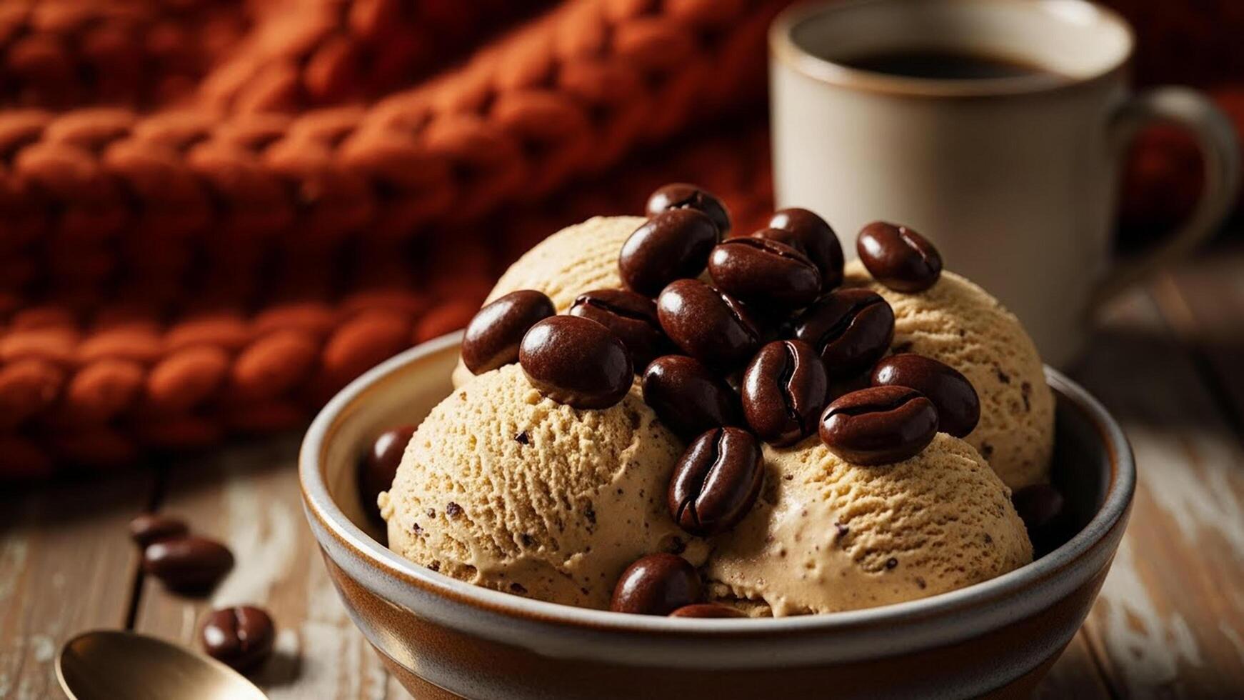 1742x980 Sweet Ice Cream Scoops with Chocolate Beans in Bowl Next to Coffee Mug on Wooden Table 4k