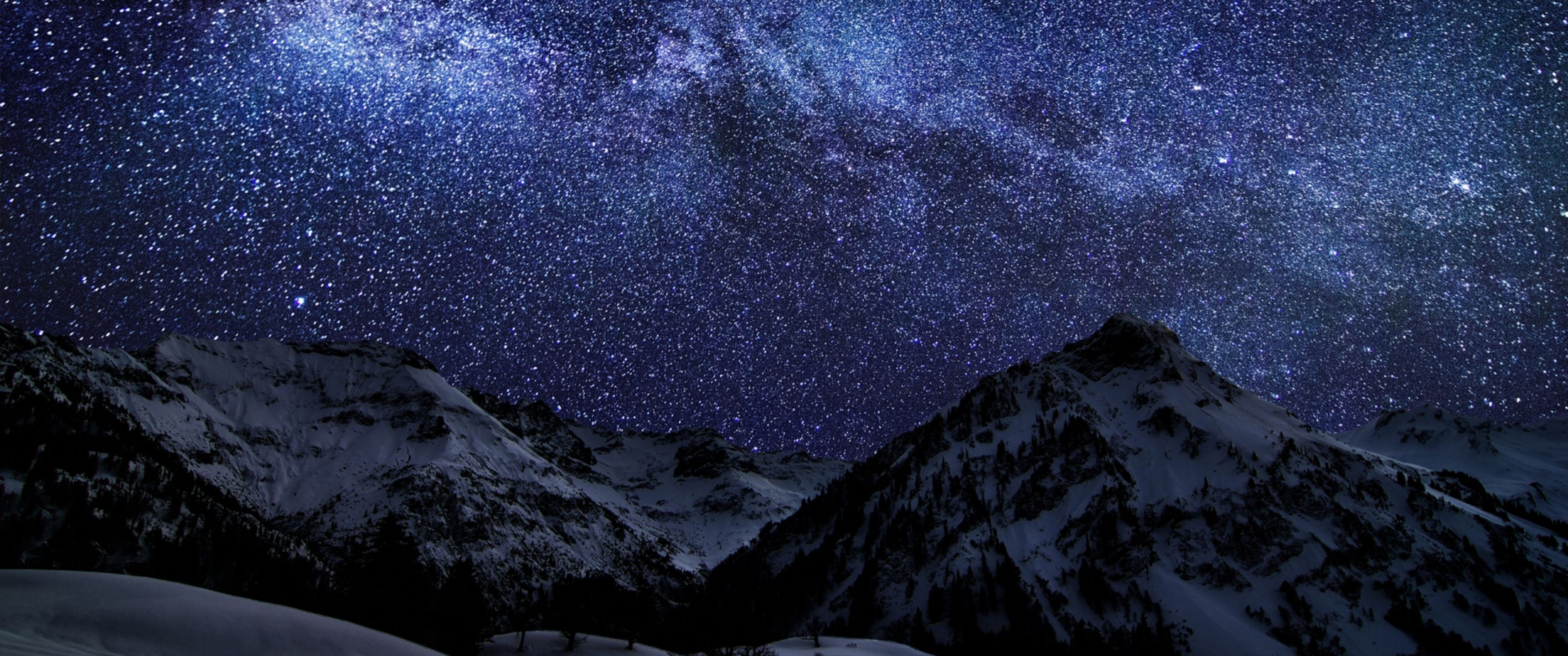 3440x1440 Download Beautiful night sky, Beautiful, Night, Sky, With the stars, Mountains, Night, Snow Wallpaper in 3440x1440 Resolution