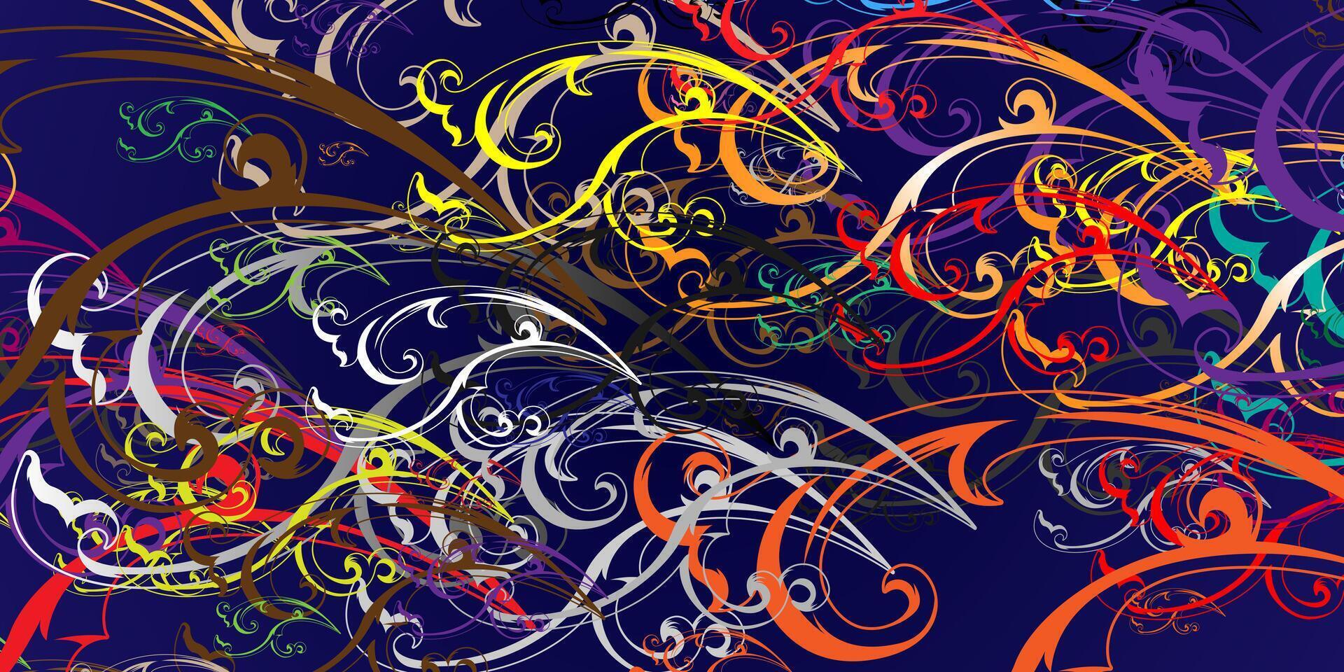 1920x960 Modern ornamental abstract wallpaper featuring neon floral swirls, flowing lines, and colorful decorative shapes for creative background