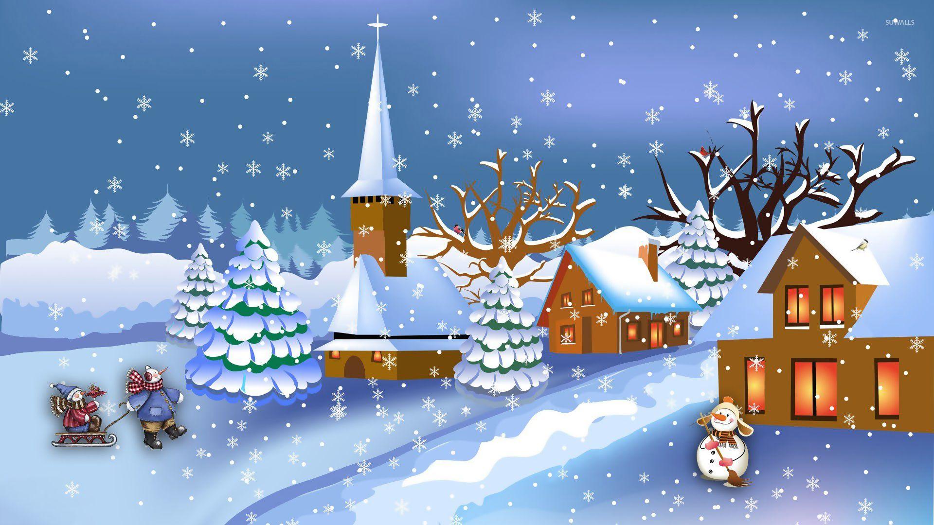 1920x1080 Splendid winter night in the snowman town wallpaper Art