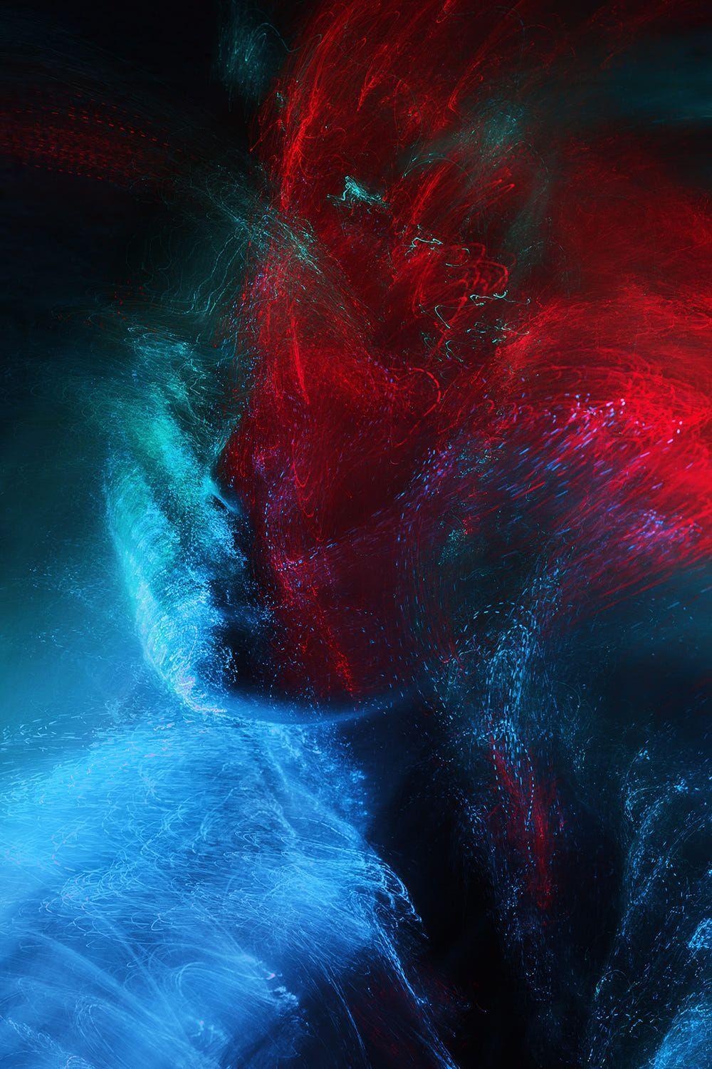 1000x1500 Light painting portrait in red and blue tones. Long exposure, no