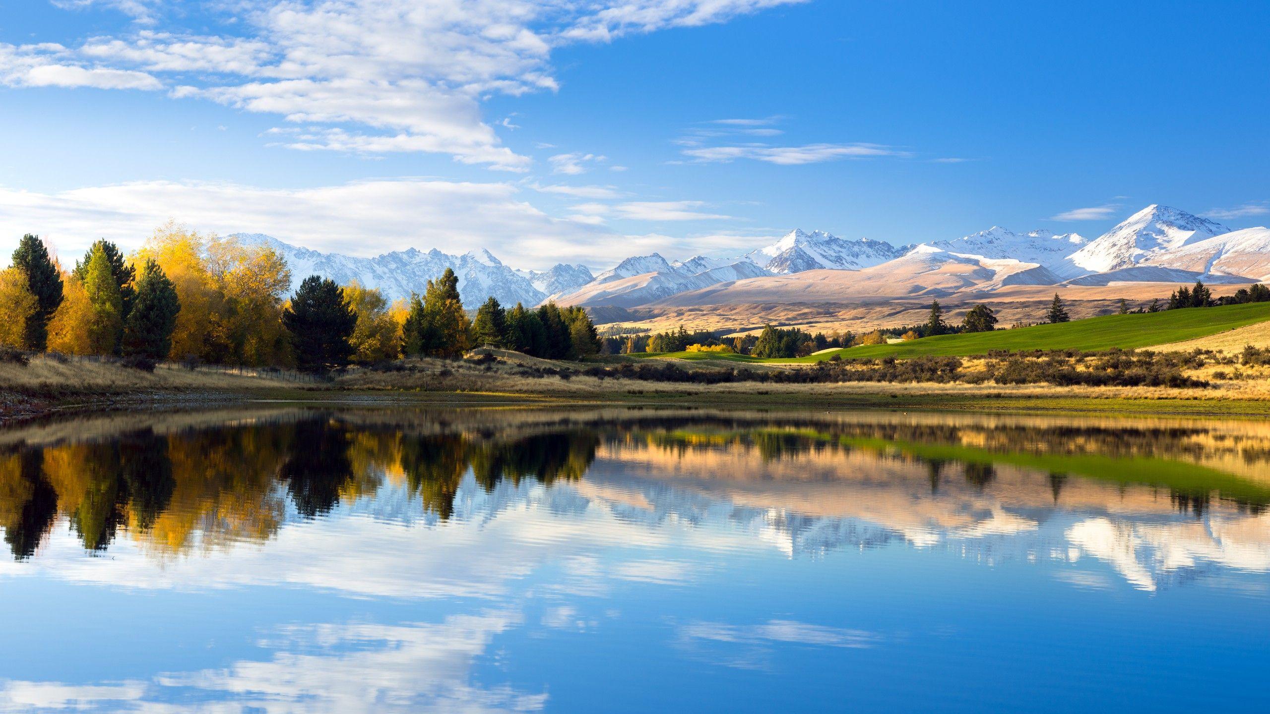2560x1440 Wallpaper Mount Hutton, Lake, Landscape, Reflections, New Zealand