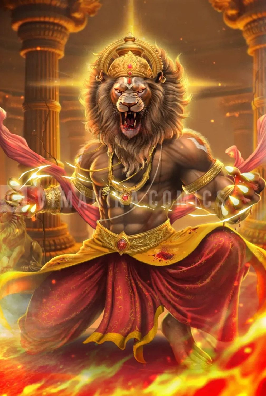 1009x1500 Narsimha Bhagwan Digital Painting. Divine Protector Unleashed. Digital Mythological Art Canvas Art Print