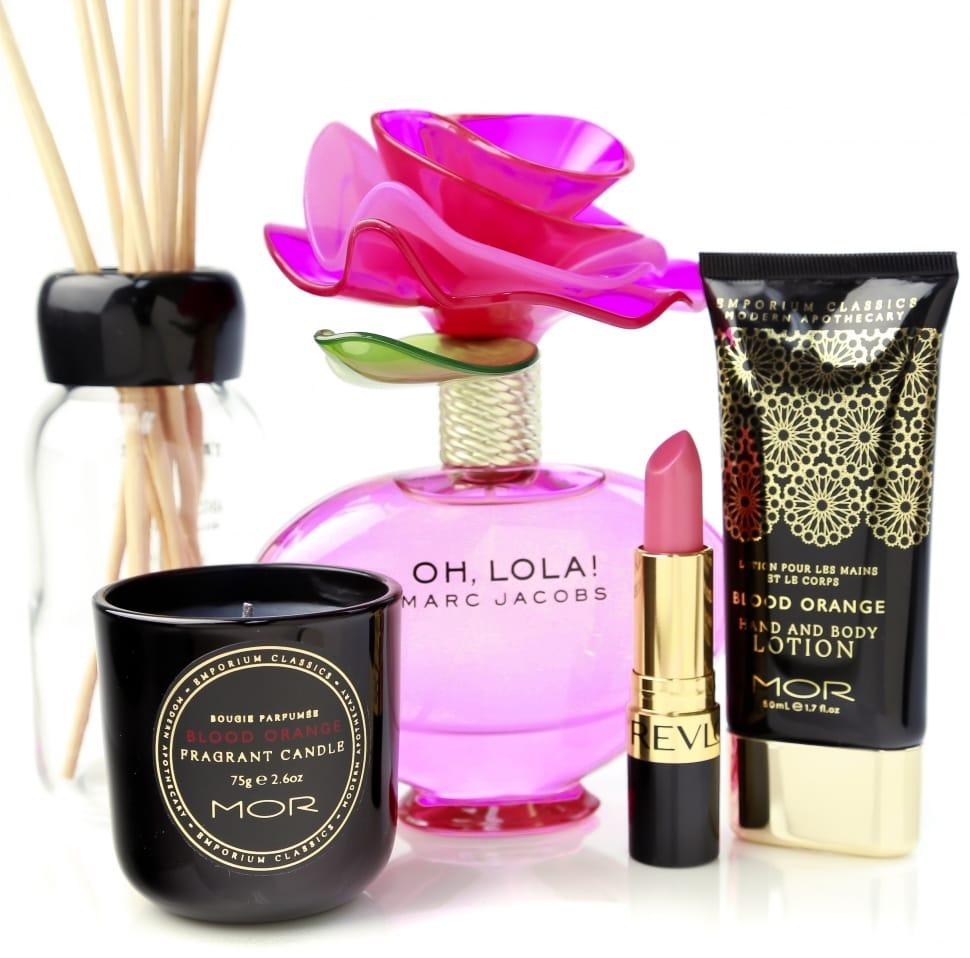 970x958 red revlon lipstick, body lotion marc jacobs perfume free image