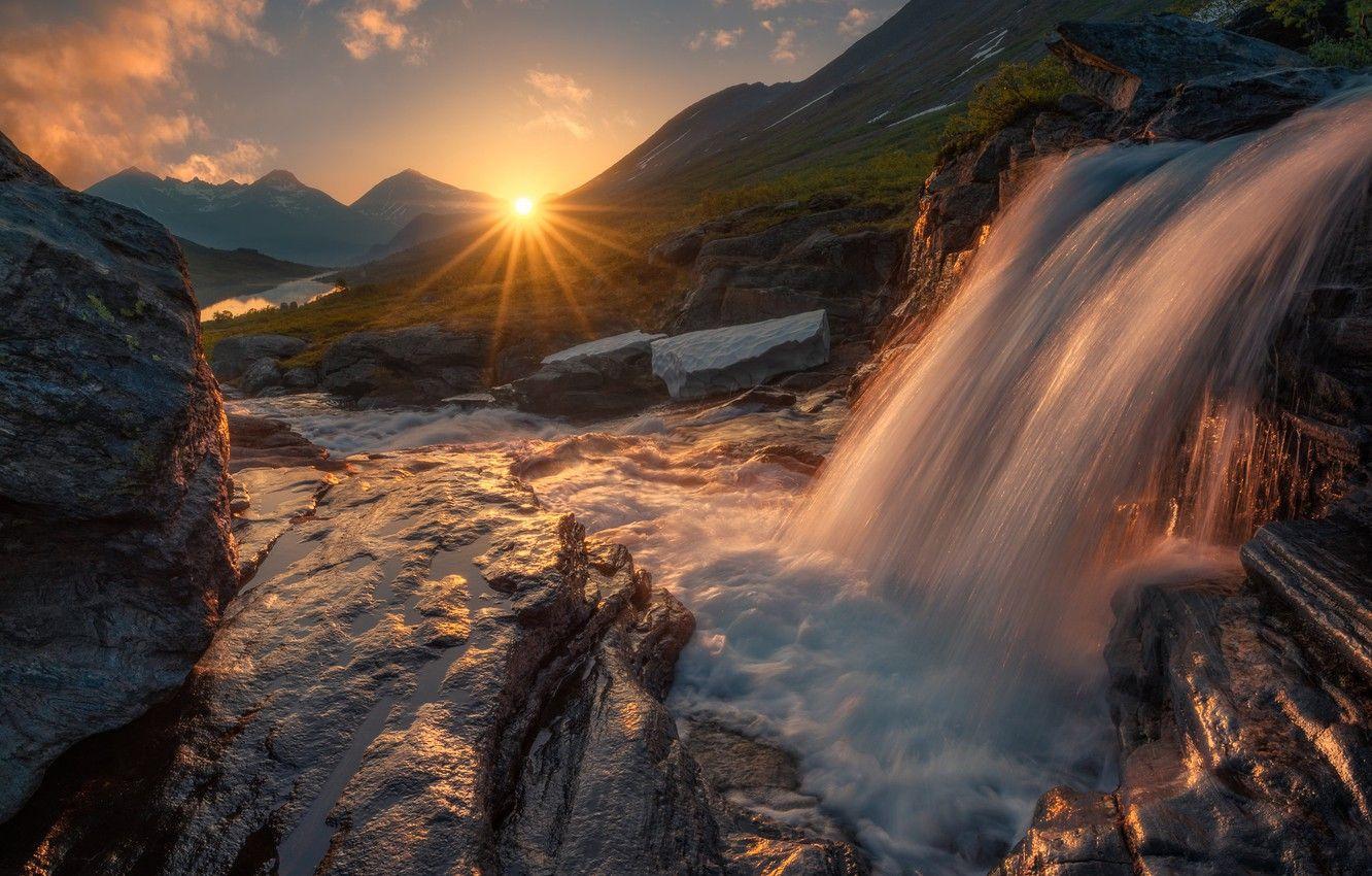 1332x850 Wallpaper mountains, sunrise, dawn, waterfall, morning, Norway