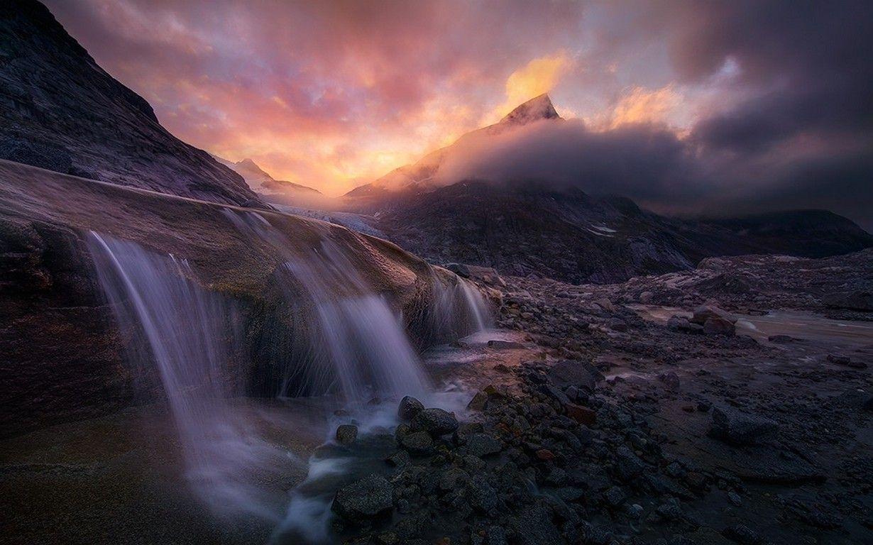 1230x768 sunrise, Storm, Alaska, Waterfall, Sky, Mountain, Mist, Nature
