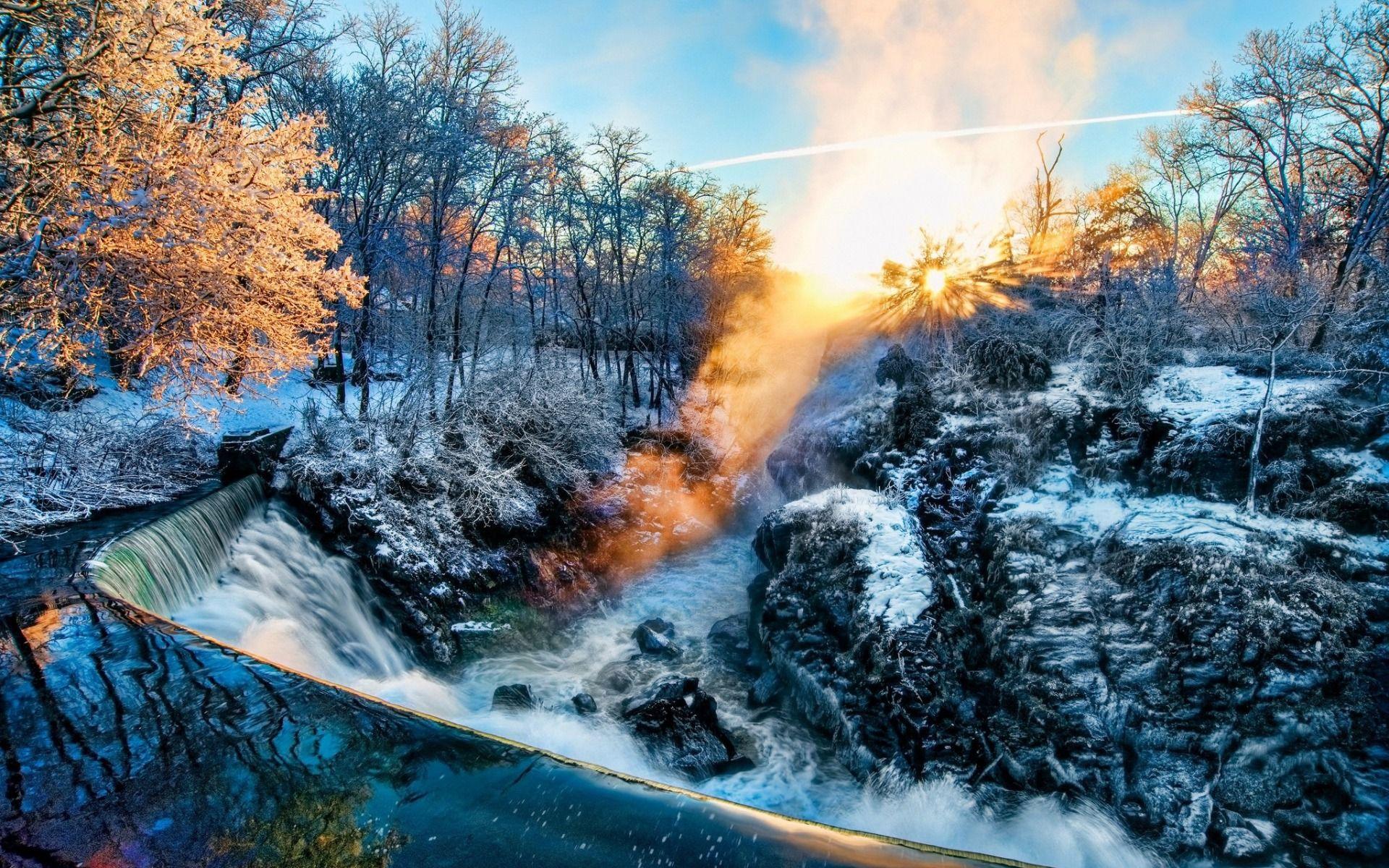 1920x1200 Download wallpaper winter, morning, sunrise, waterfall, forest