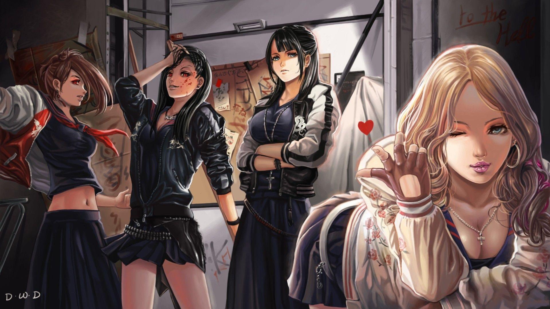 1920x1080 blondes, black, dress, blood, skirts, red eyes, artwork, drama