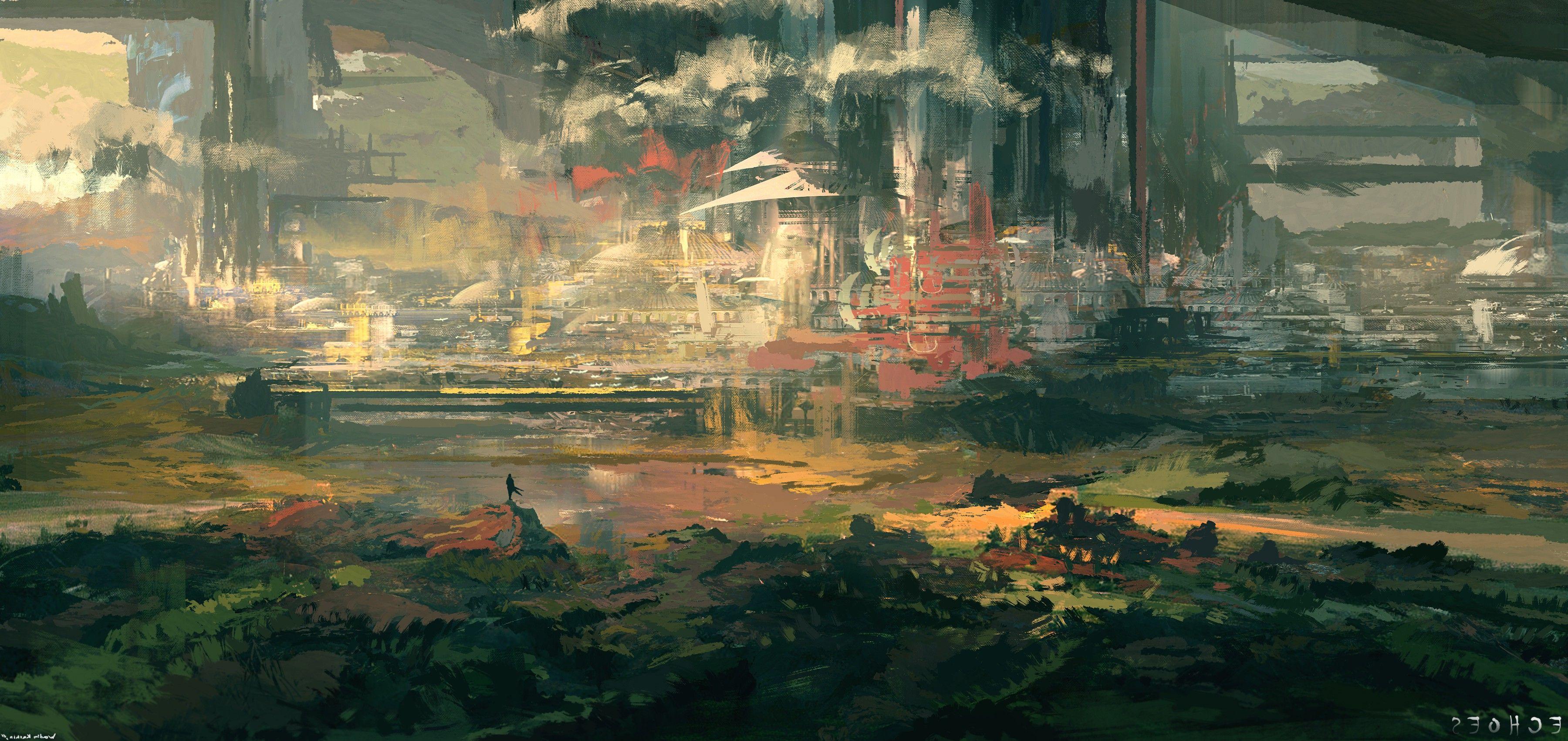 3600x1700 landscape, City, Painting, Artwork, Digital Art Wallpaper HD / Desktop and Mobile Background