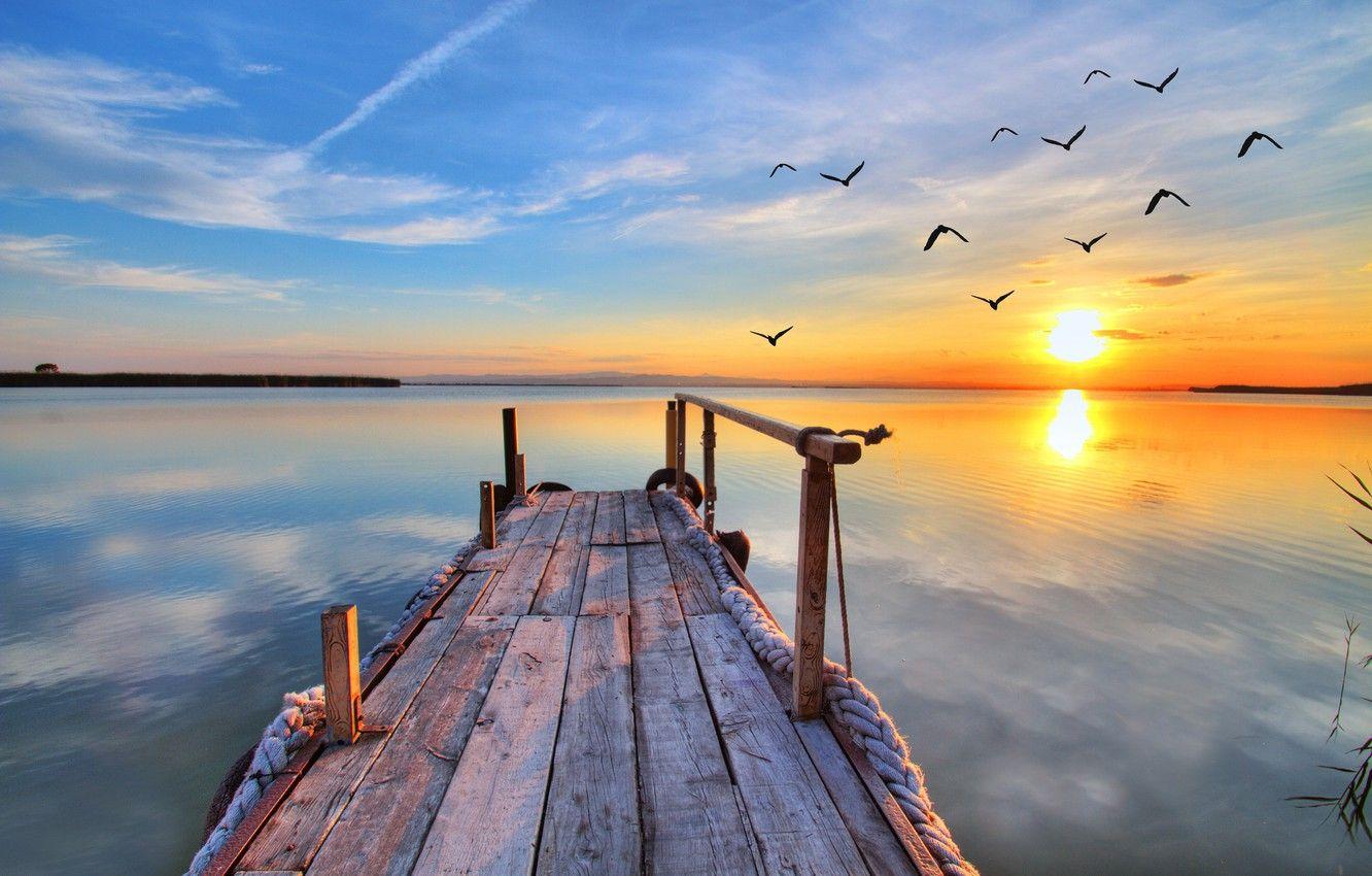 1332x850 Wallpaper sunset, lake, seagulls, landscape, nature, sunset, lake, pier image for desktop, section пейзажи