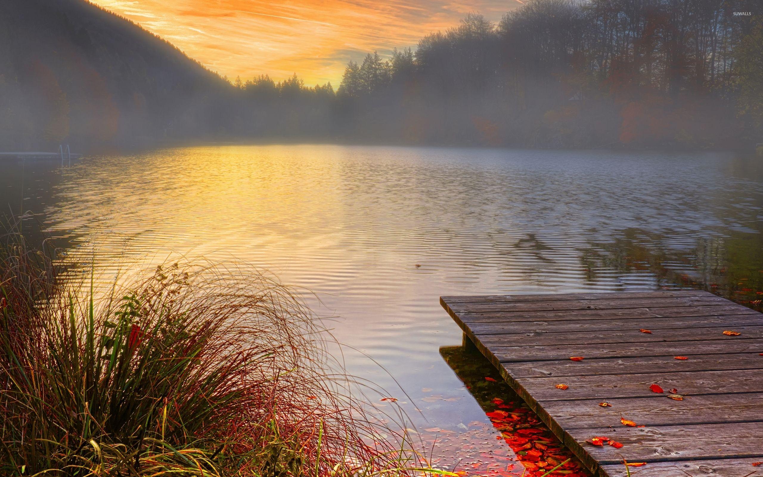 2560x1600 Red leaves near the wooden pier towards the golden sunset wallpaper wallpaper