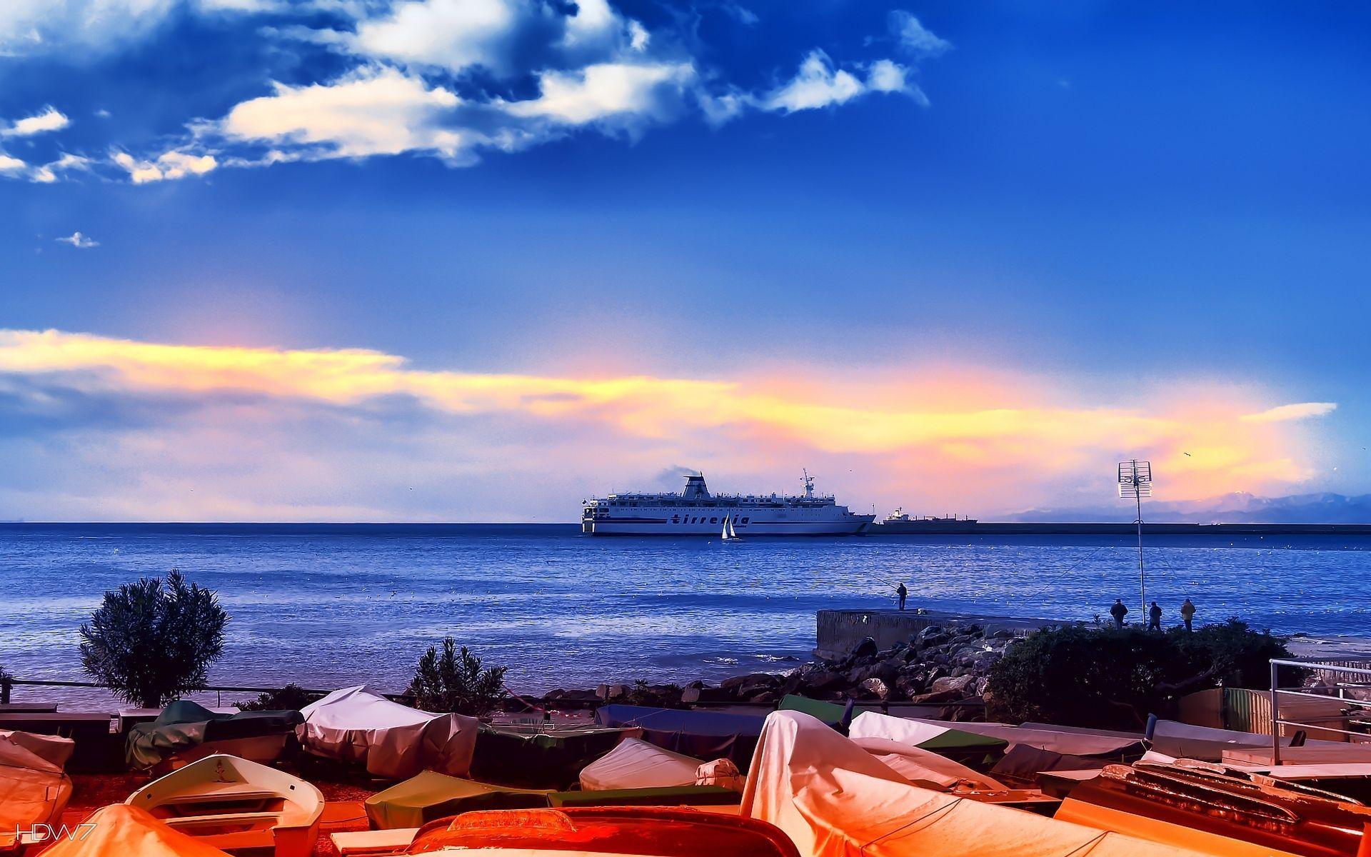 1920x1200 big cruise ship at the dock at sunset wallpaper. HD wallpaper