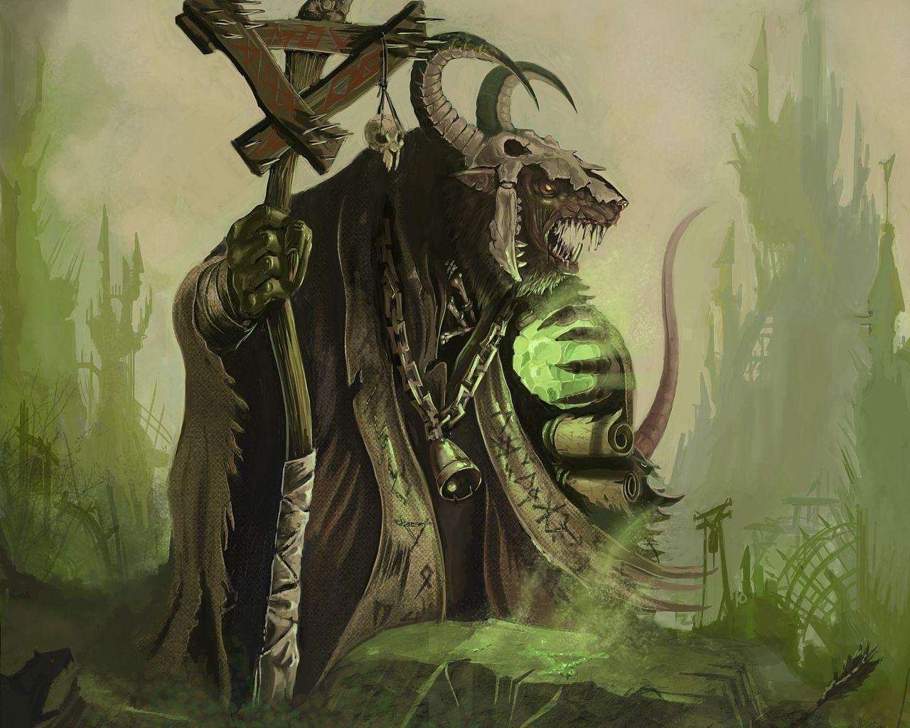 1280x1024 skulls warhammer horns fantasy art artwork rats skaven staff