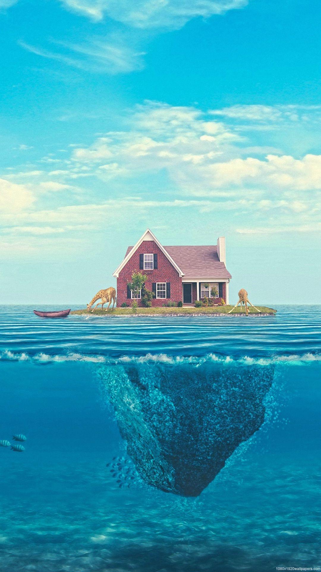 1080x1920 Cute House On Ocean Wallpaper HD