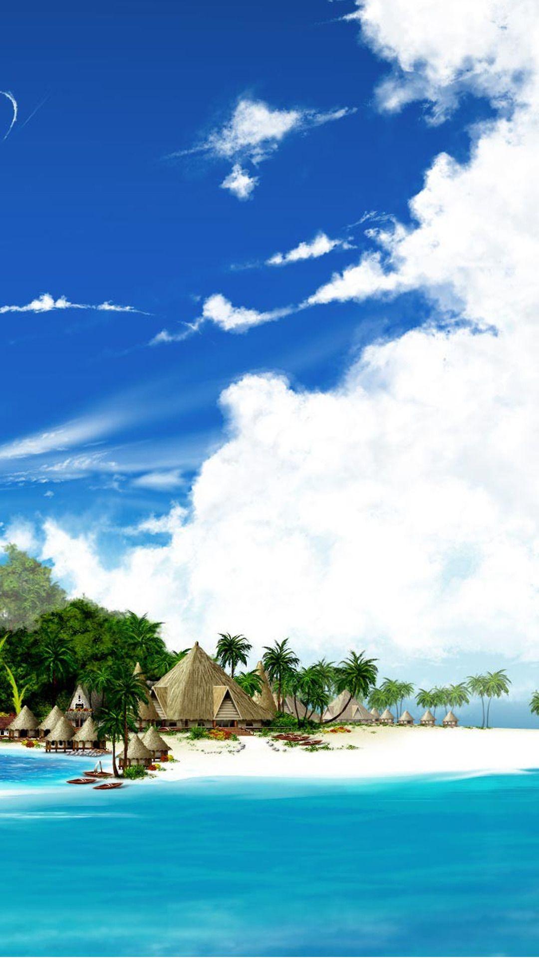 1080x1920 Tropical Beach Resort Illustration Android Wallpaper free download