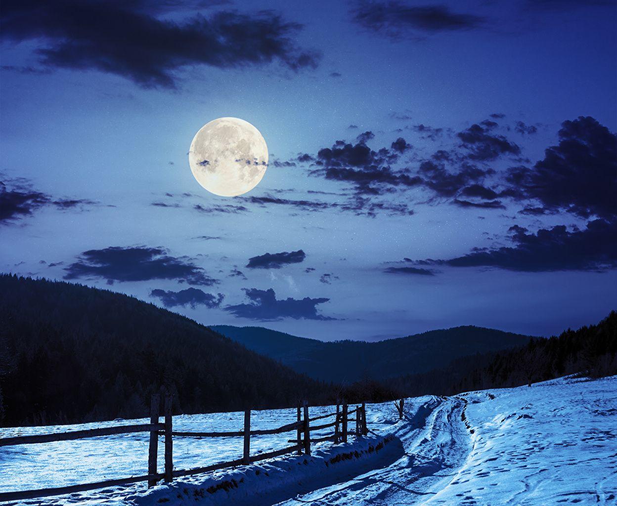 1248x1024 Desktop Wallpaper Winter Nature mountain Sky Moon Snow Night Clouds