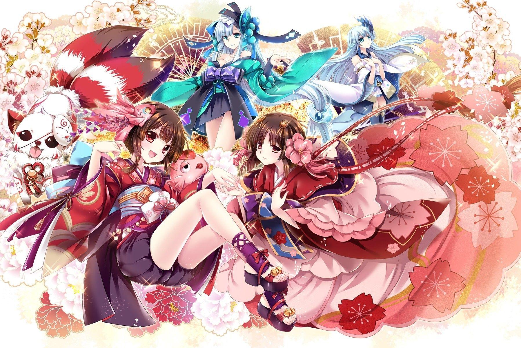 1797x1200 Download 1797x1200 Anime Girls, Flowers, Traditional Clothes