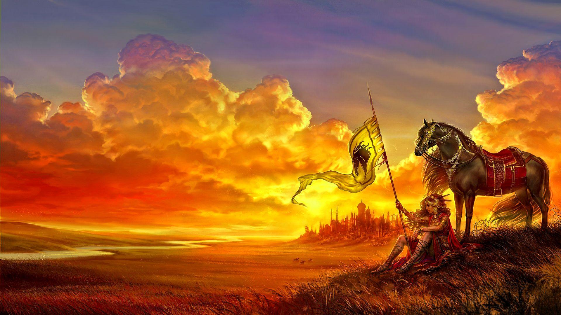 1920x1080 fantasy, warrior, landscape, horse, magic, women, sunset wallpaper