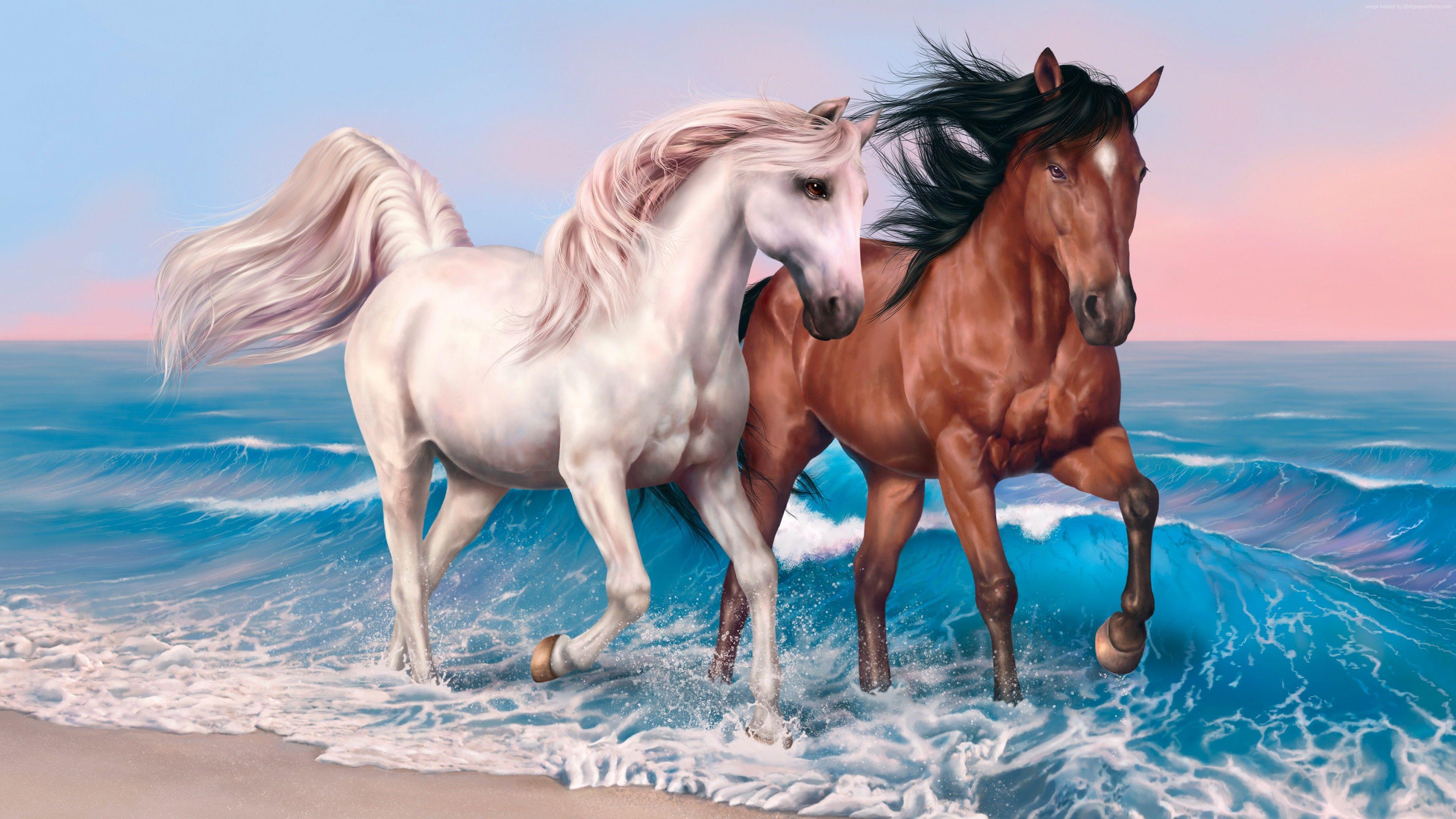3840x2160 Wallpaper horses, 4k, HD wallpaper, run, sea, ocean, sunset, white