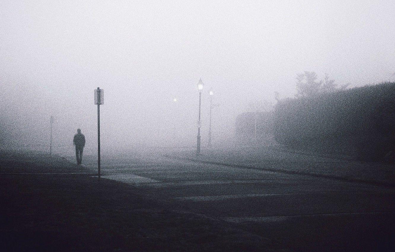 1332x850 Wallpaper misty, street, fog, man, lamps image for desktop