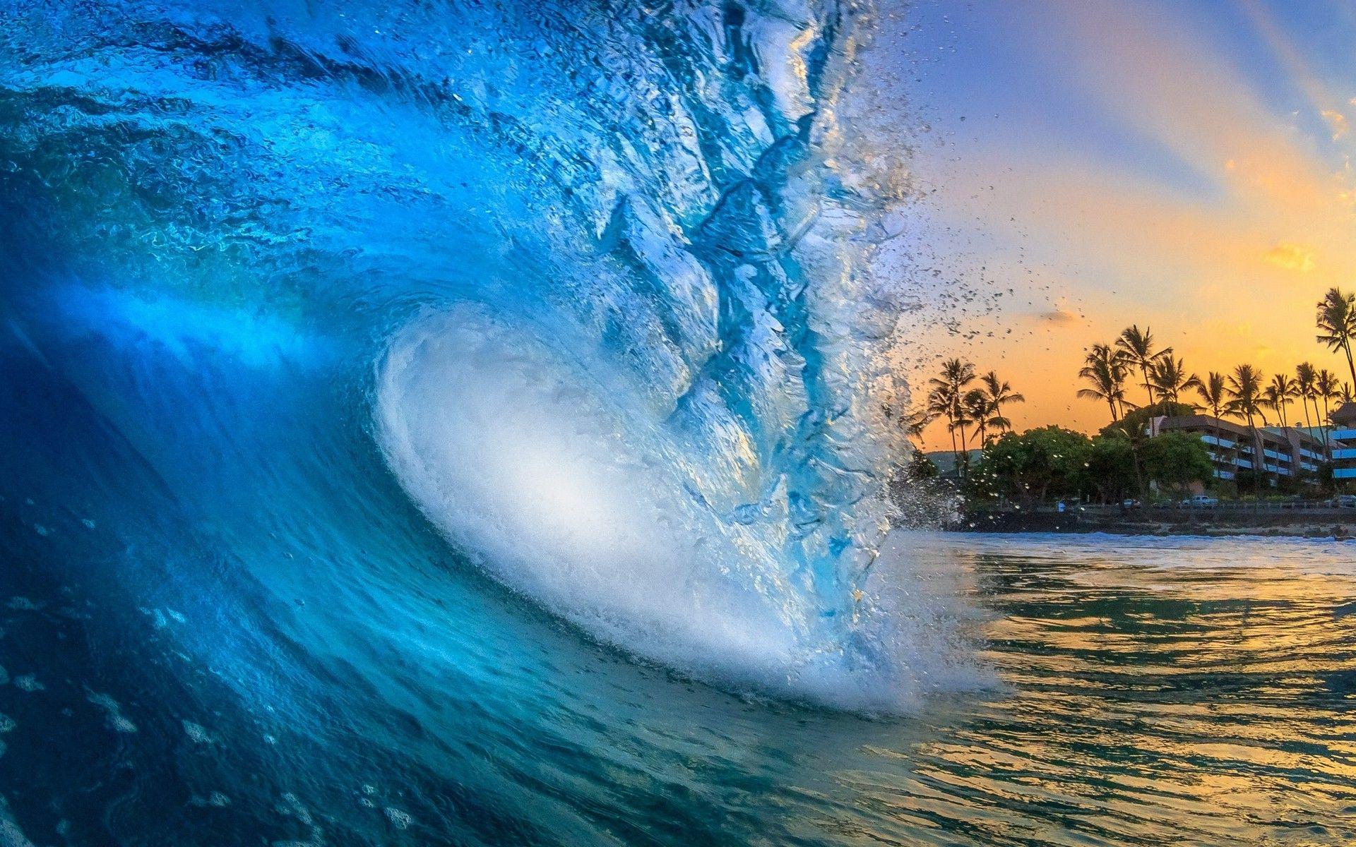 1920x1200 nature, Landscape, Sunrise, Waves, Beach, Hawaii, Building, Palm