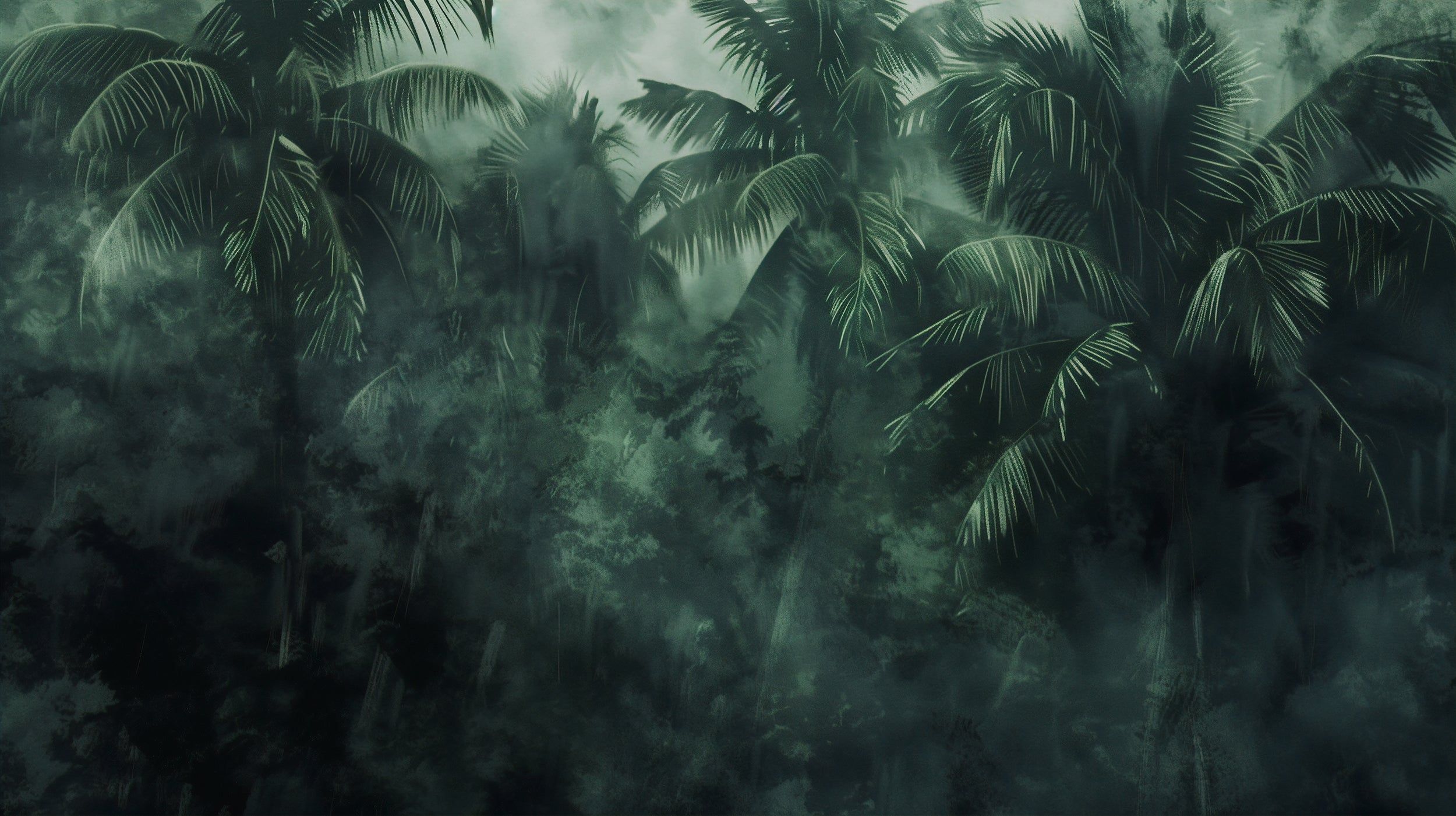 2500x1401 Dark Green Tropical Forest Wall Mural, Palm Trees Wallpaper, Dark Watercolor Jungle Mural, Peel and Stick Removable Accent Wall Decor