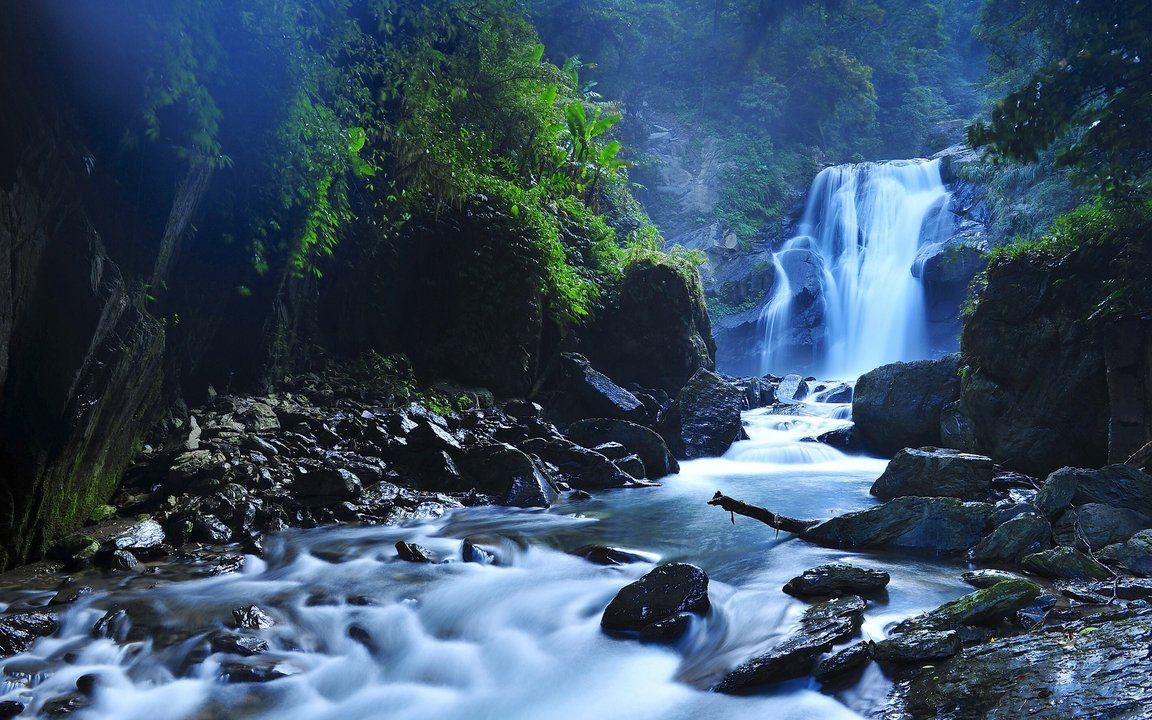 1152x720 Waterfall in the dark forest #wallpaper #HQ #nature #tree #water #forest